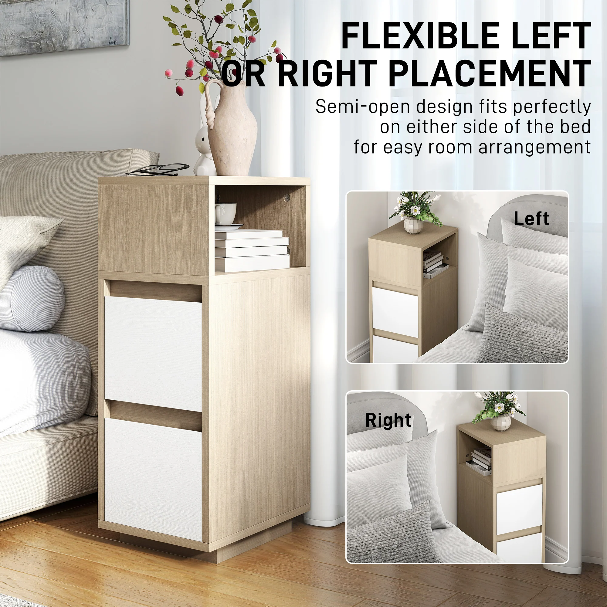 HOMCOM Slim Bedside Table, Bedside Cabinet with Open Shelf and 2 Drawers - Image 6