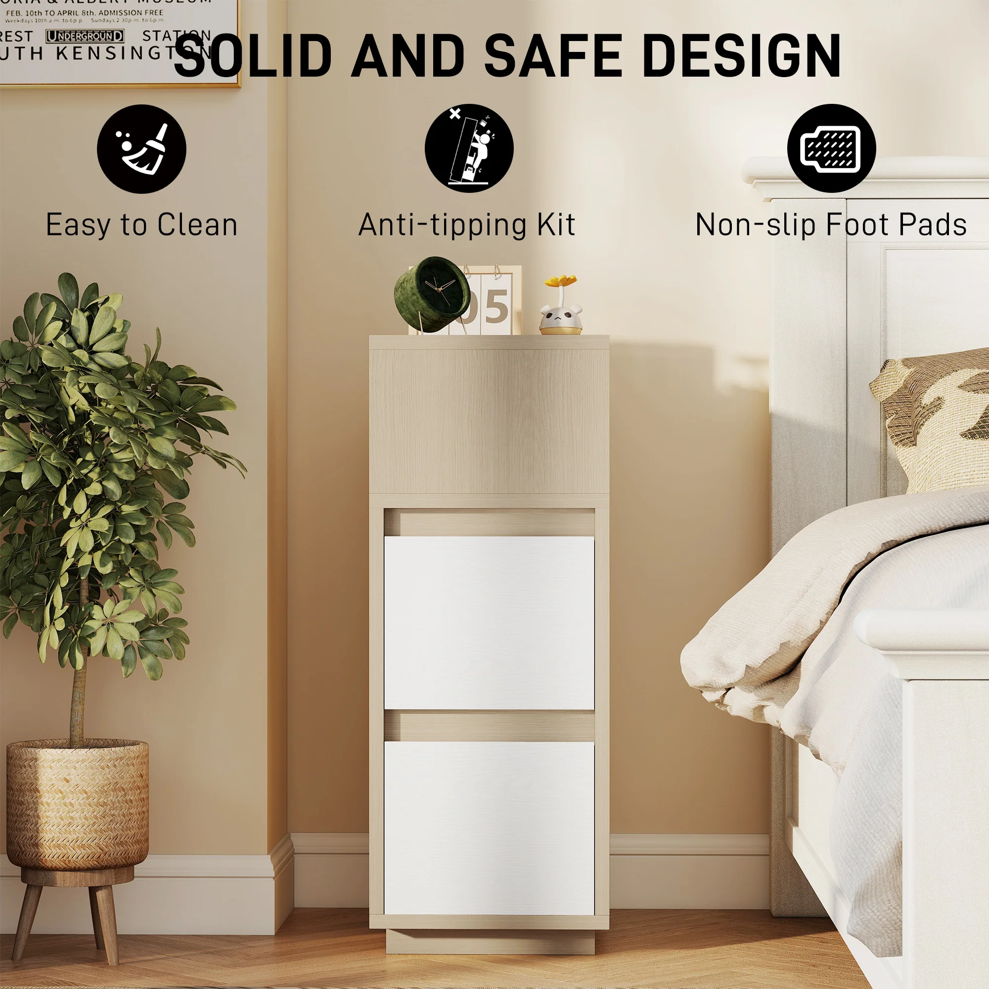 HOMCOM Slim Bedside Table, Bedside Cabinet with Open Shelf and 2 Drawers - Image 7