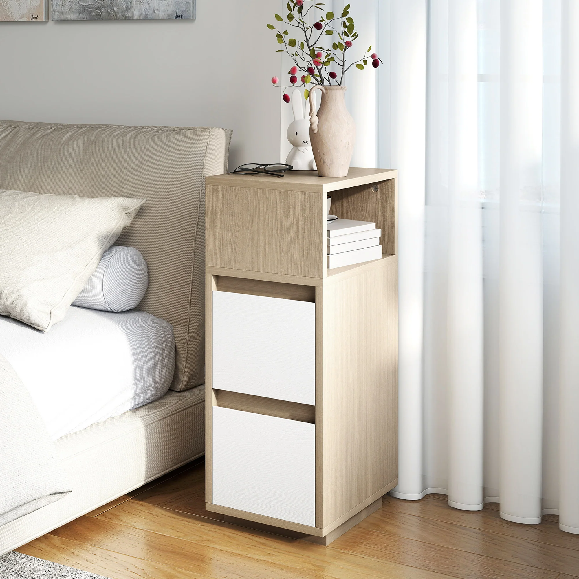 HOMCOM Slim Bedside Table, Bedside Cabinet with Open Shelf and 2 Drawers - Image 8