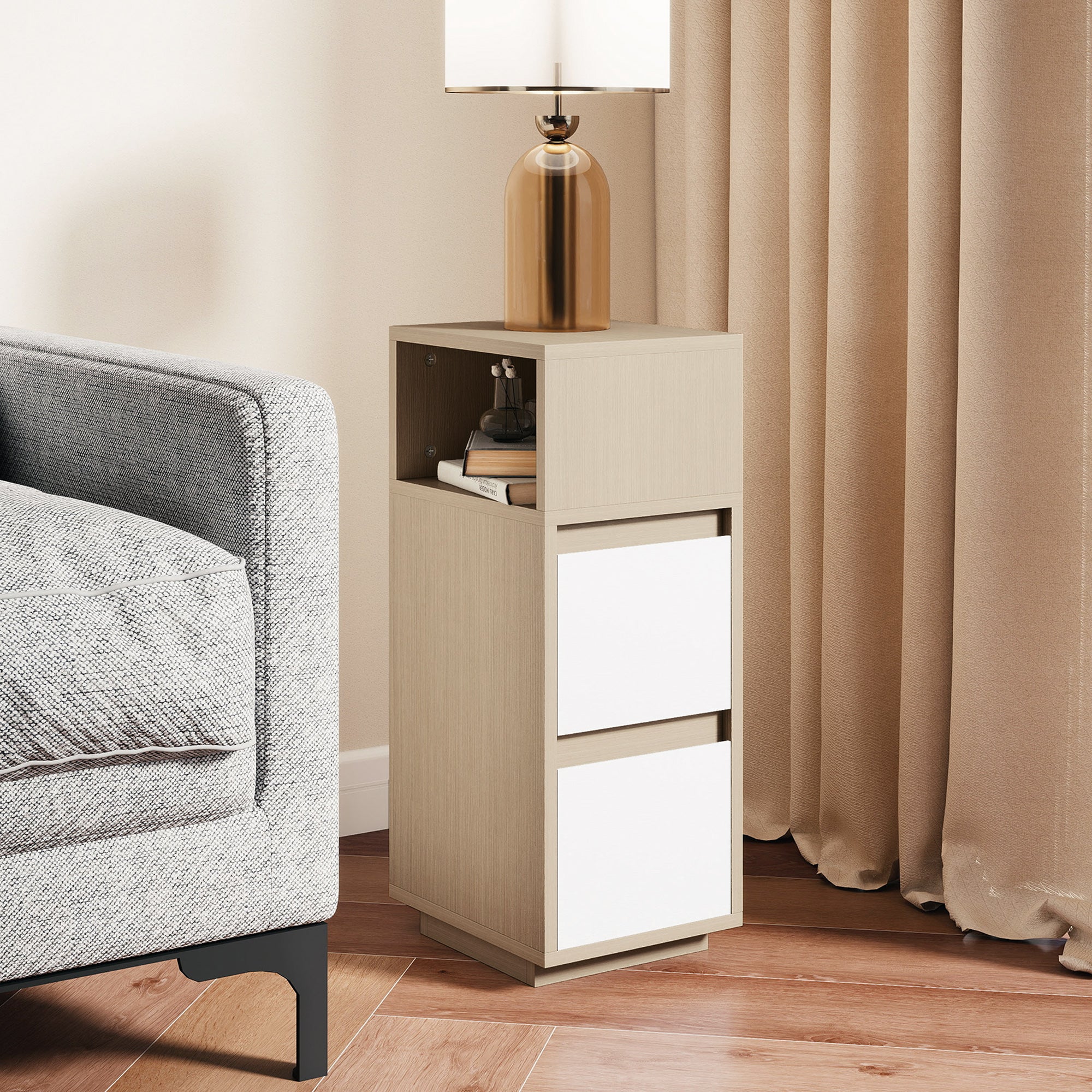 HOMCOM Slim Bedside Table, Bedside Cabinet with Open Shelf and 2 Drawers - Image 9