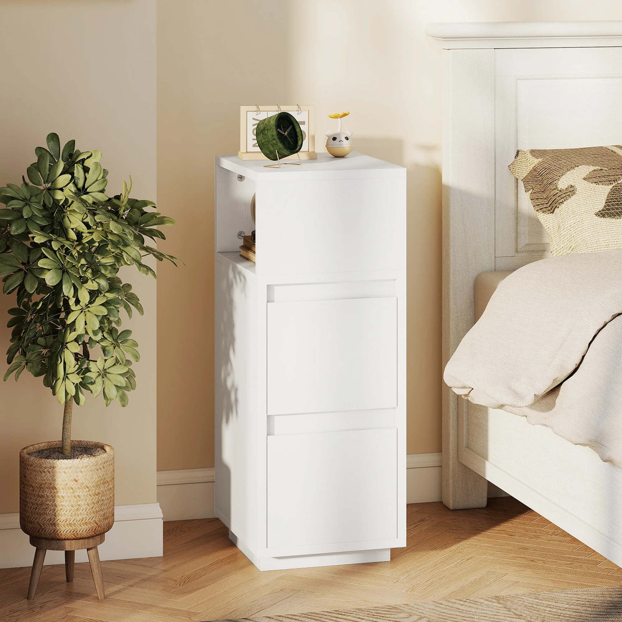HOMCOM Slim Bedside Table, Bedside Cabinet with Open Shelf and 2 Drawers - Image 2