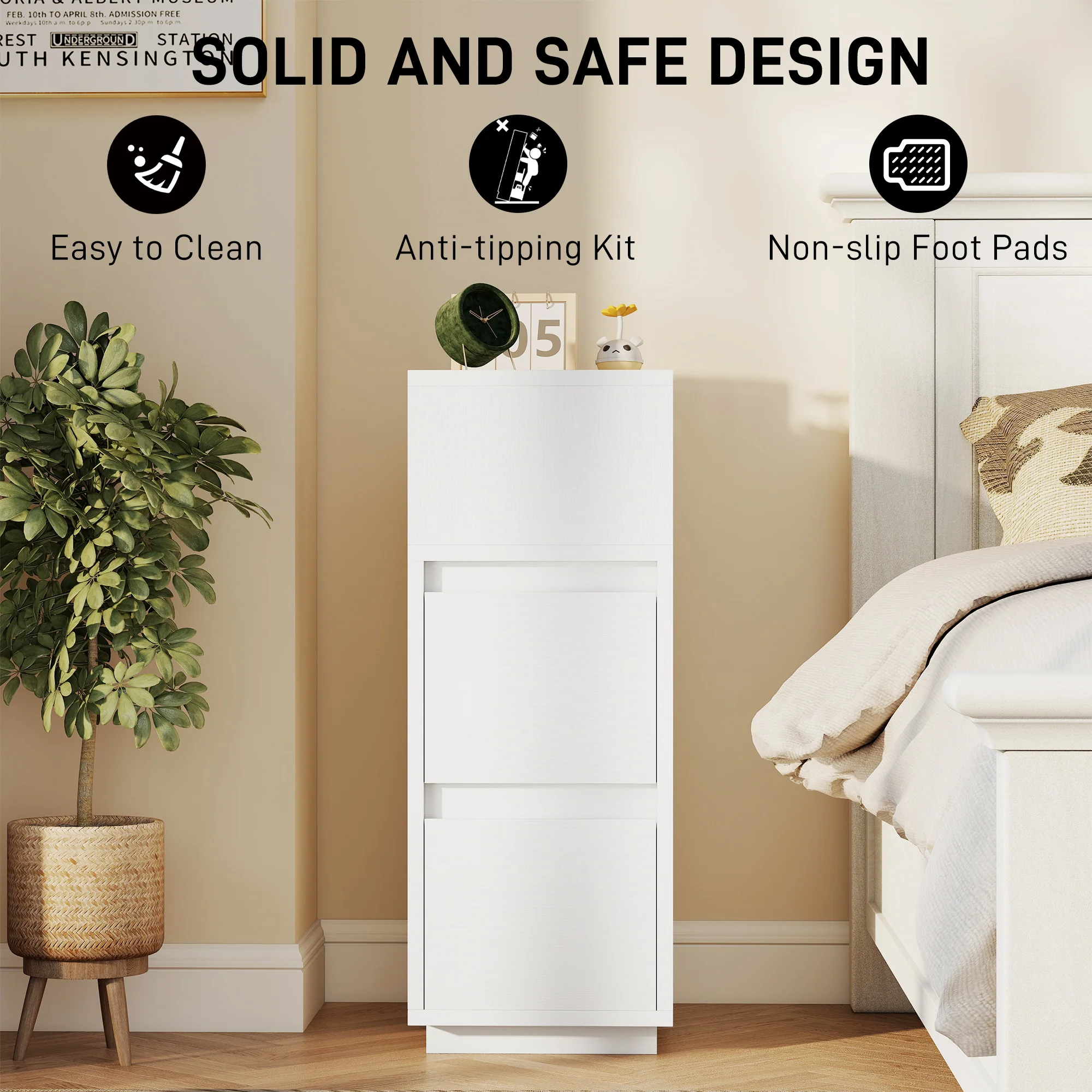 HOMCOM Slim Bedside Table, Bedside Cabinet with Open Shelf and 2 Drawers - Image 7