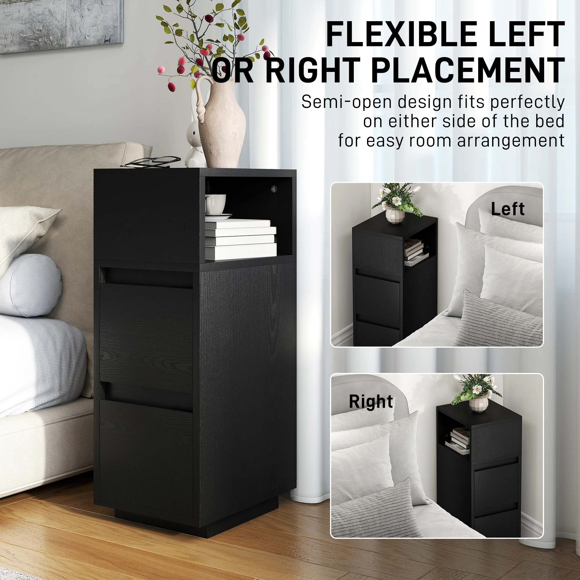 HOMCOM Slim Bedside Table, Bedside Cabinet with Open Shelf and 2 Drawers - Image 6