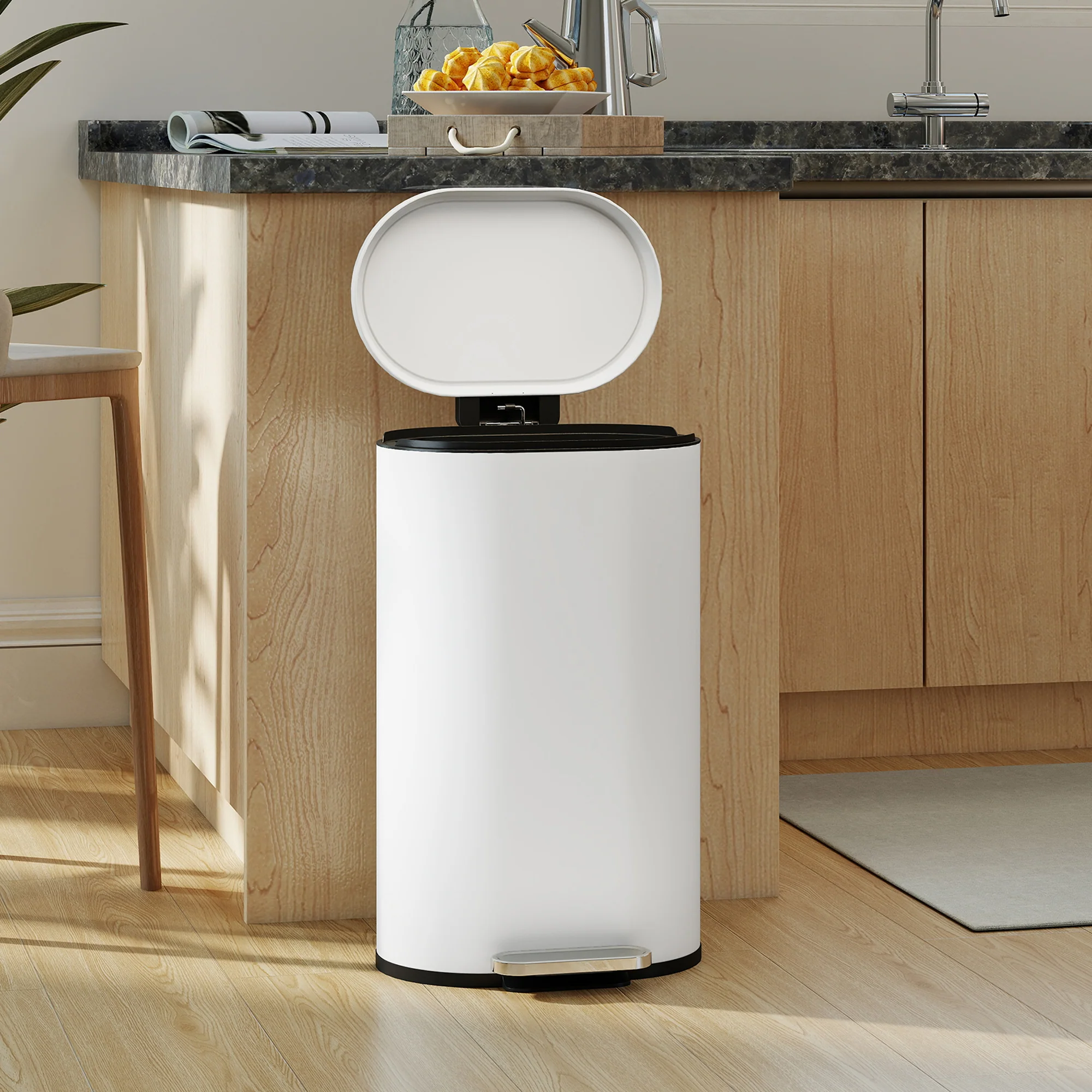 HOMCOM Slim Rectangular Pedal Bin With Soft-Close Lid, 30L Kitchen Bin Cream - Image 2