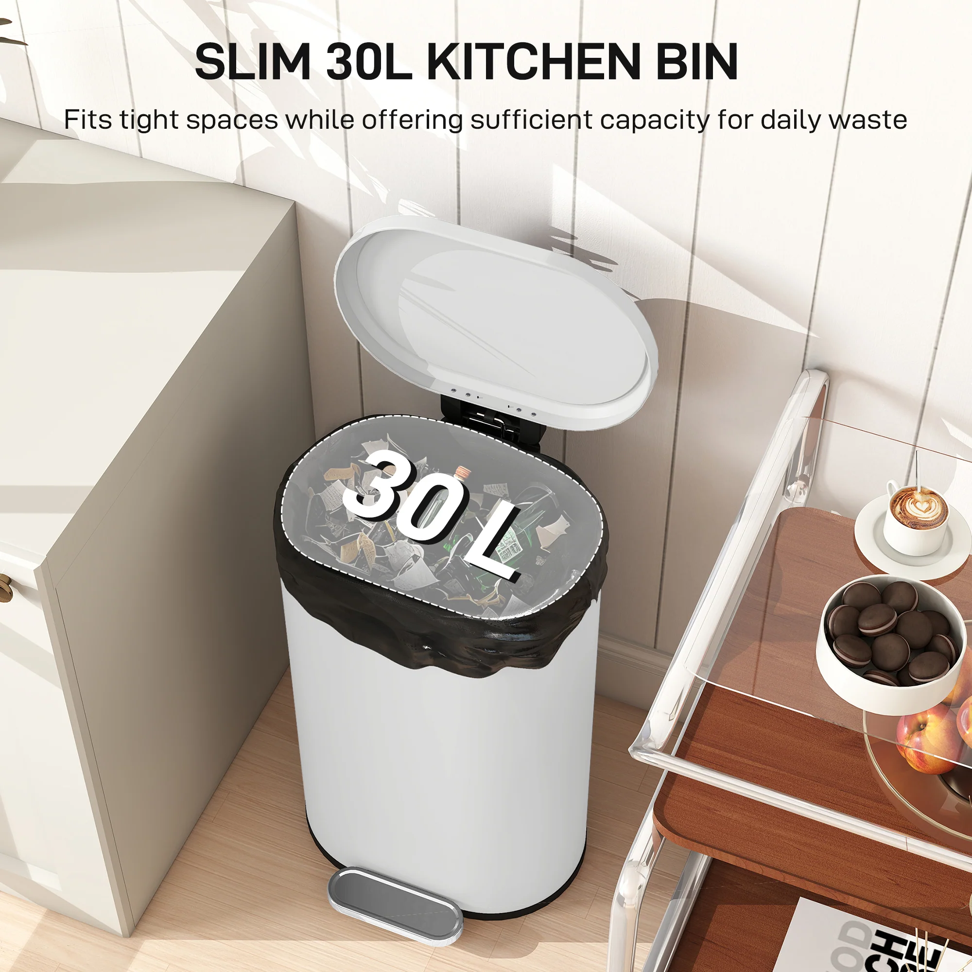 HOMCOM Slim Rectangular Pedal Bin With Soft-Close Lid, 30L Kitchen Bin Cream - Image 3