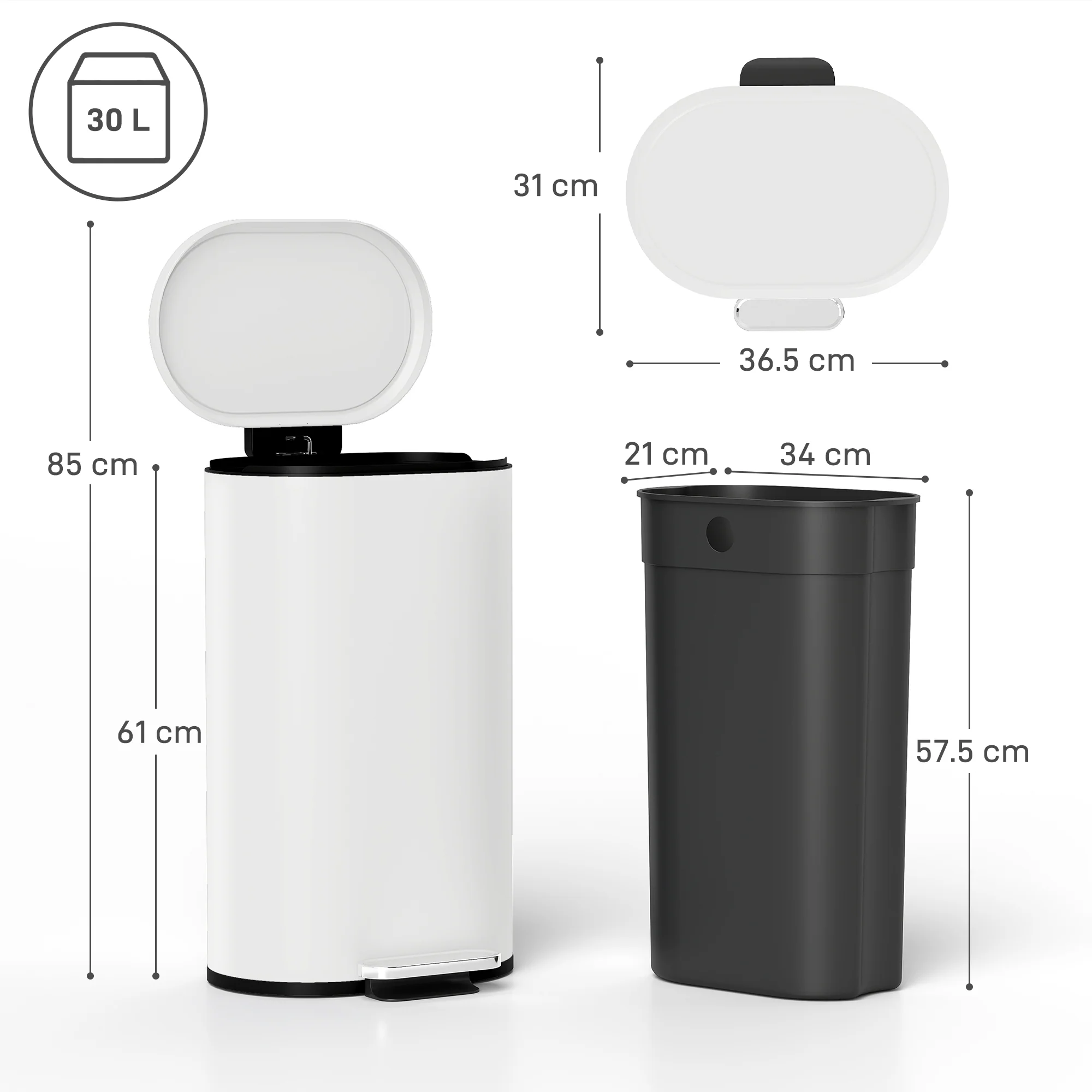 HOMCOM Slim Rectangular Pedal Bin With Soft-Close Lid, 30L Kitchen Bin Cream - Image 5