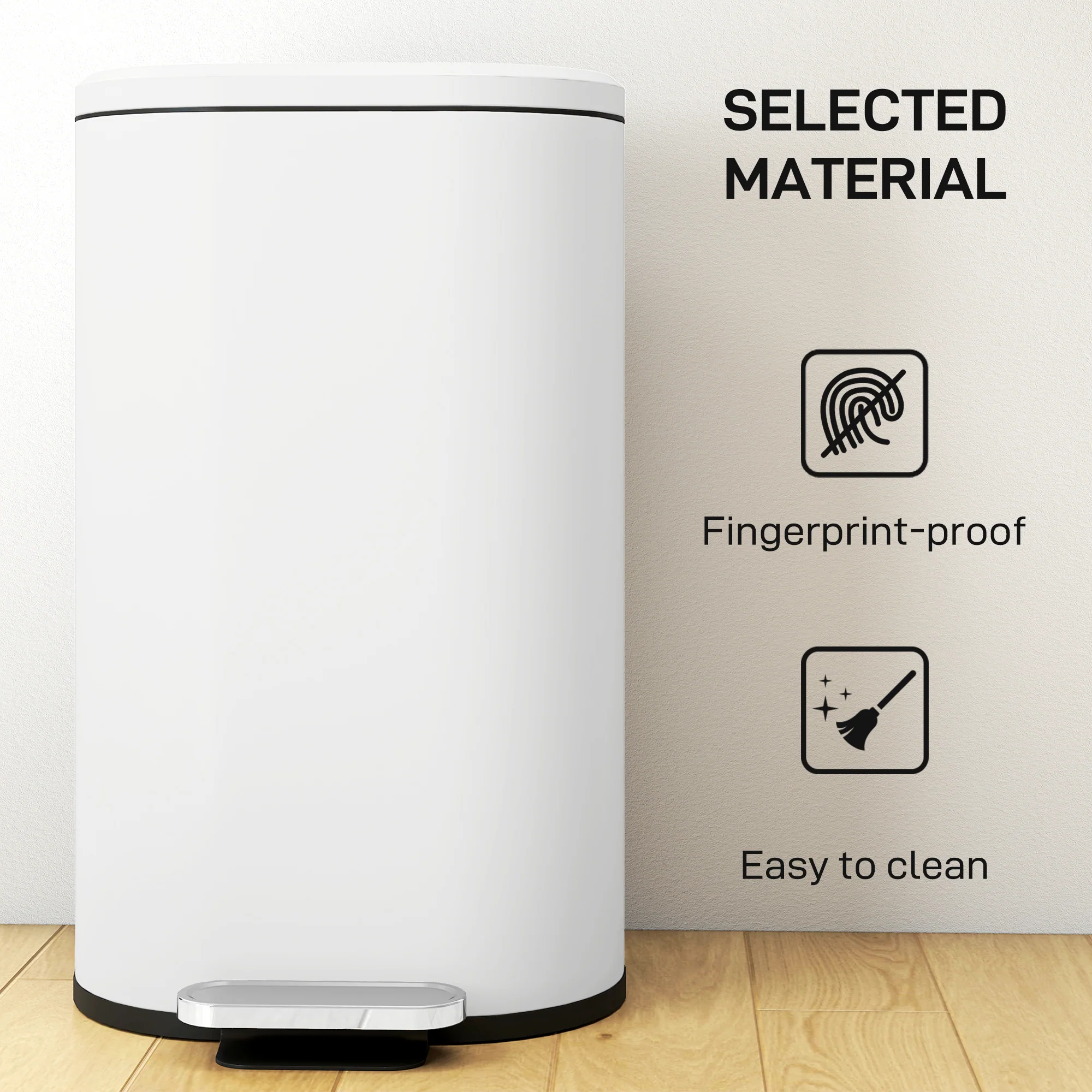 HOMCOM Slim Rectangular Pedal Bin With Soft-Close Lid, 30L Kitchen Bin Cream - Image 6