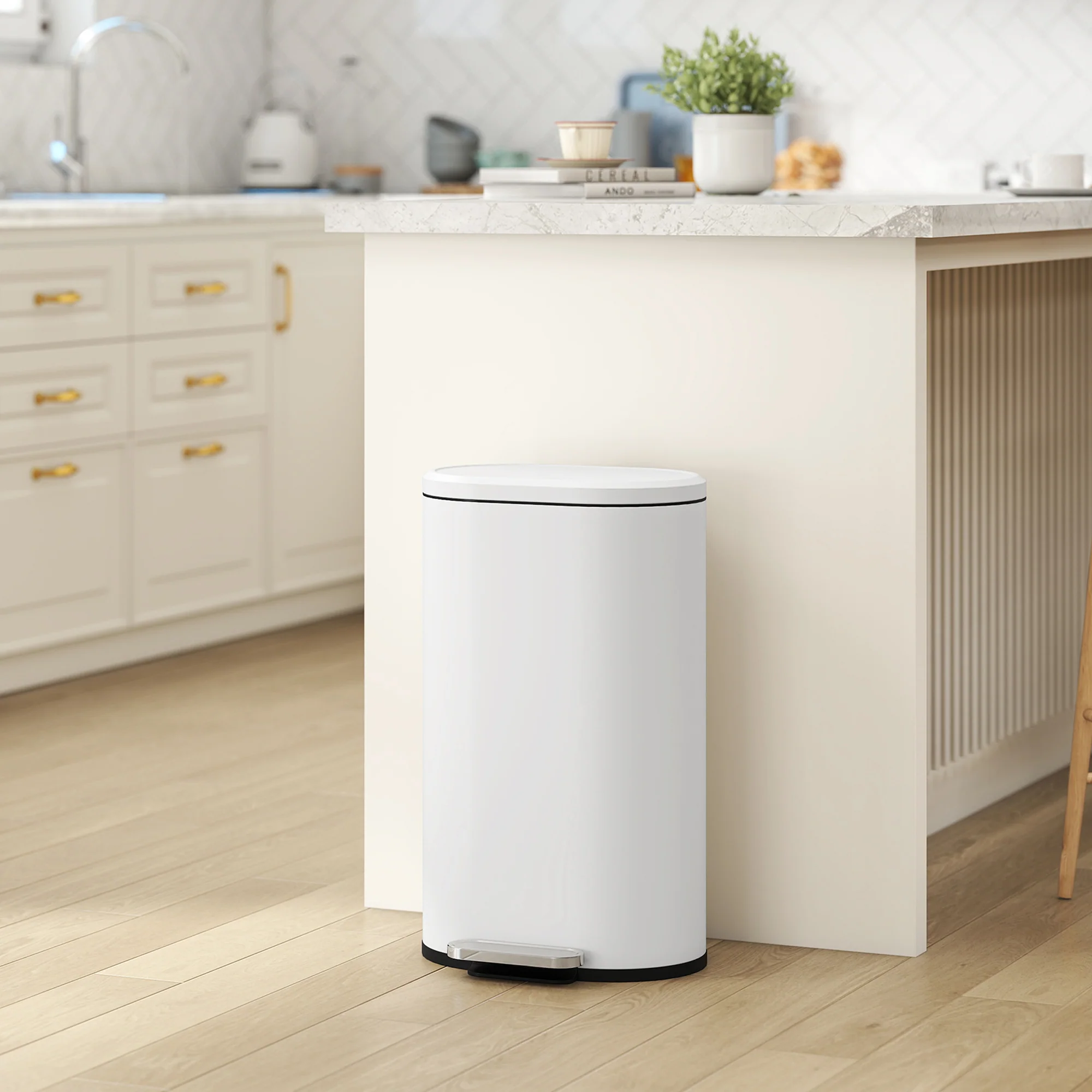 HOMCOM Slim Rectangular Pedal Bin With Soft-Close Lid, 30L Kitchen Bin Cream - Image 8