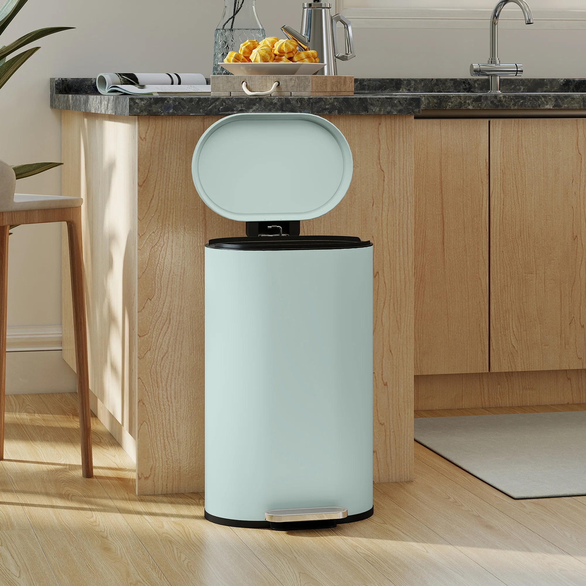 HOMCOM Slim Rectangular Pedal Bin With Soft-Close Lid, 30L Kitchen Bin Green - Image 2