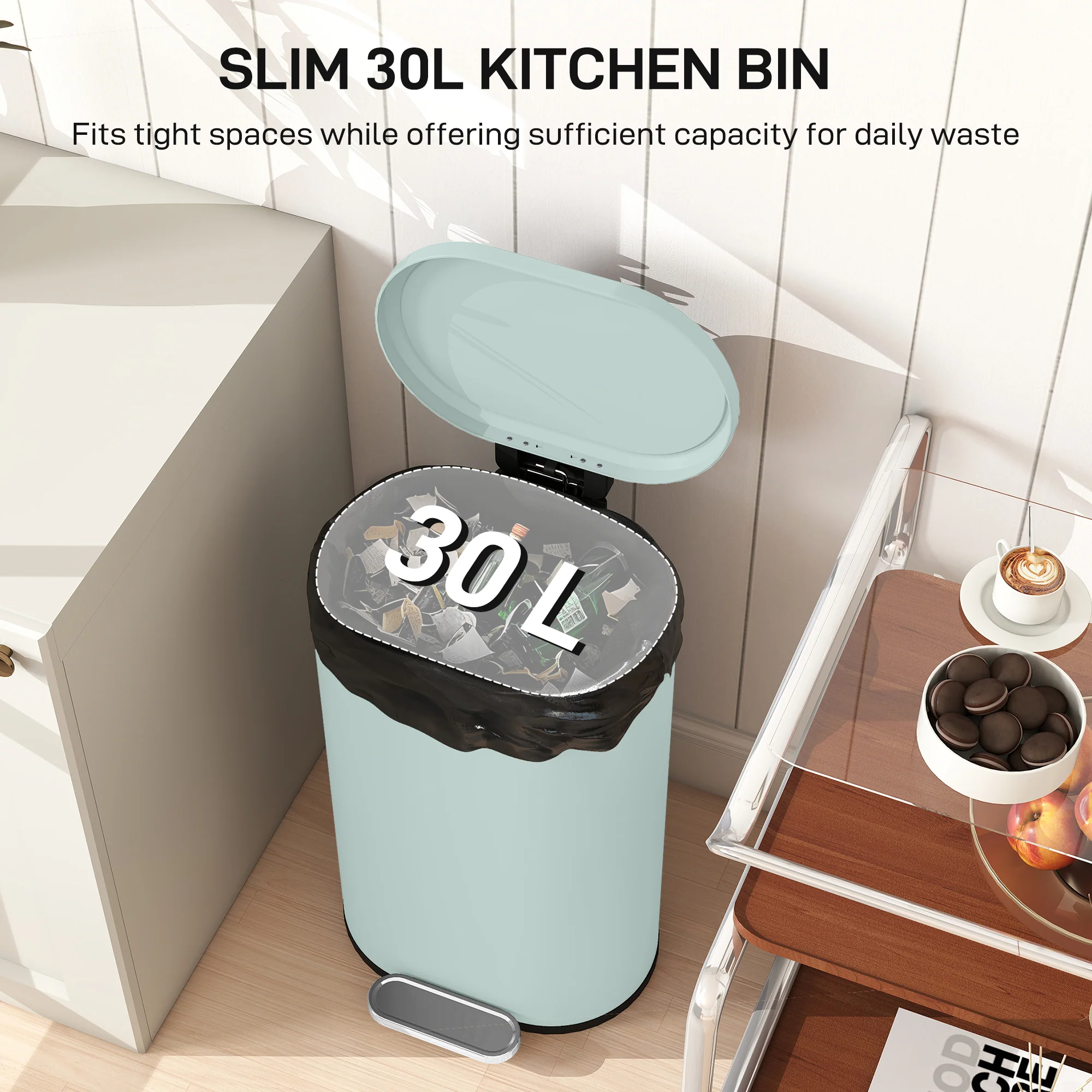 HOMCOM Slim Rectangular Pedal Bin With Soft-Close Lid, 30L Kitchen Bin Green - Image 3