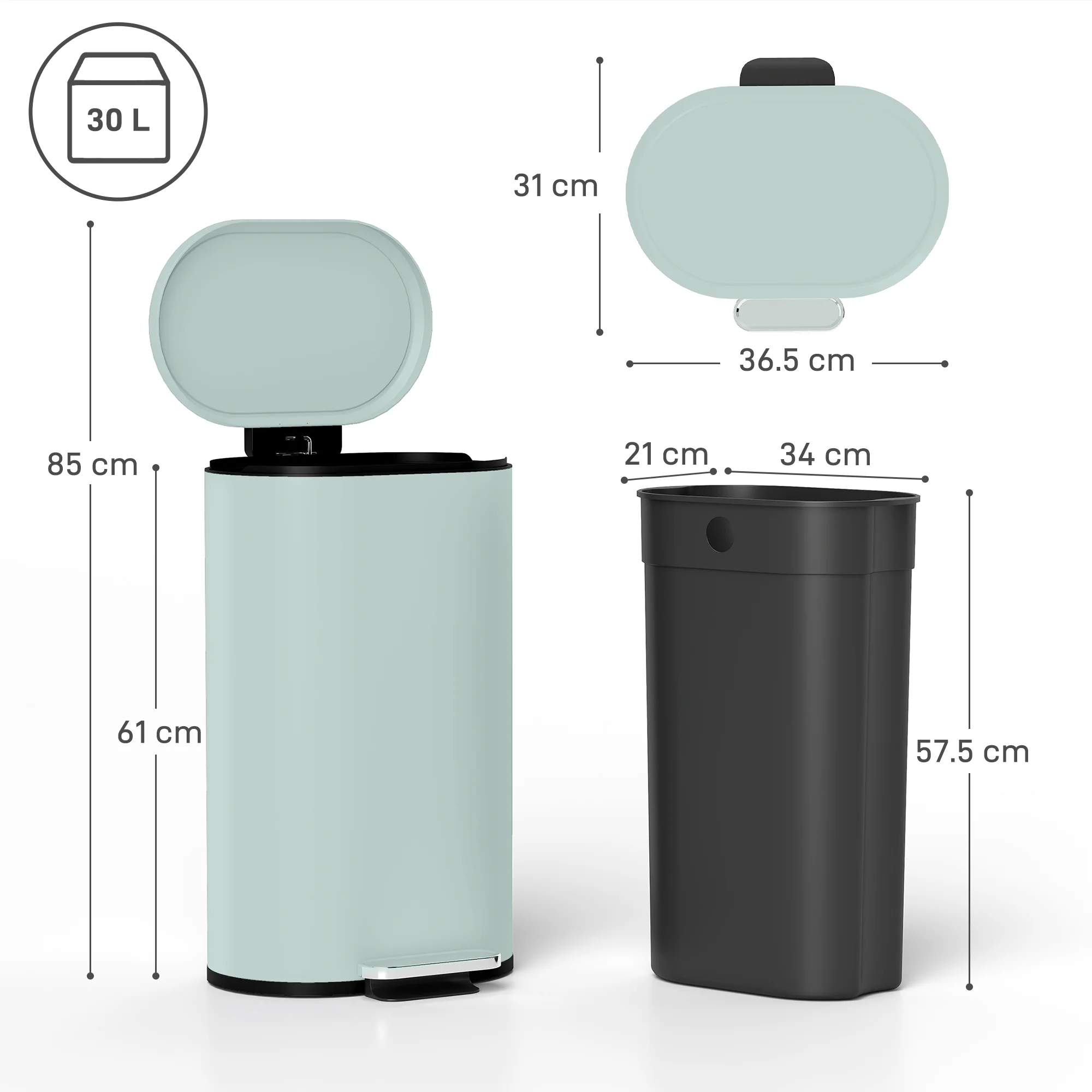 HOMCOM Slim Rectangular Pedal Bin With Soft-Close Lid, 30L Kitchen Bin Green - Image 5