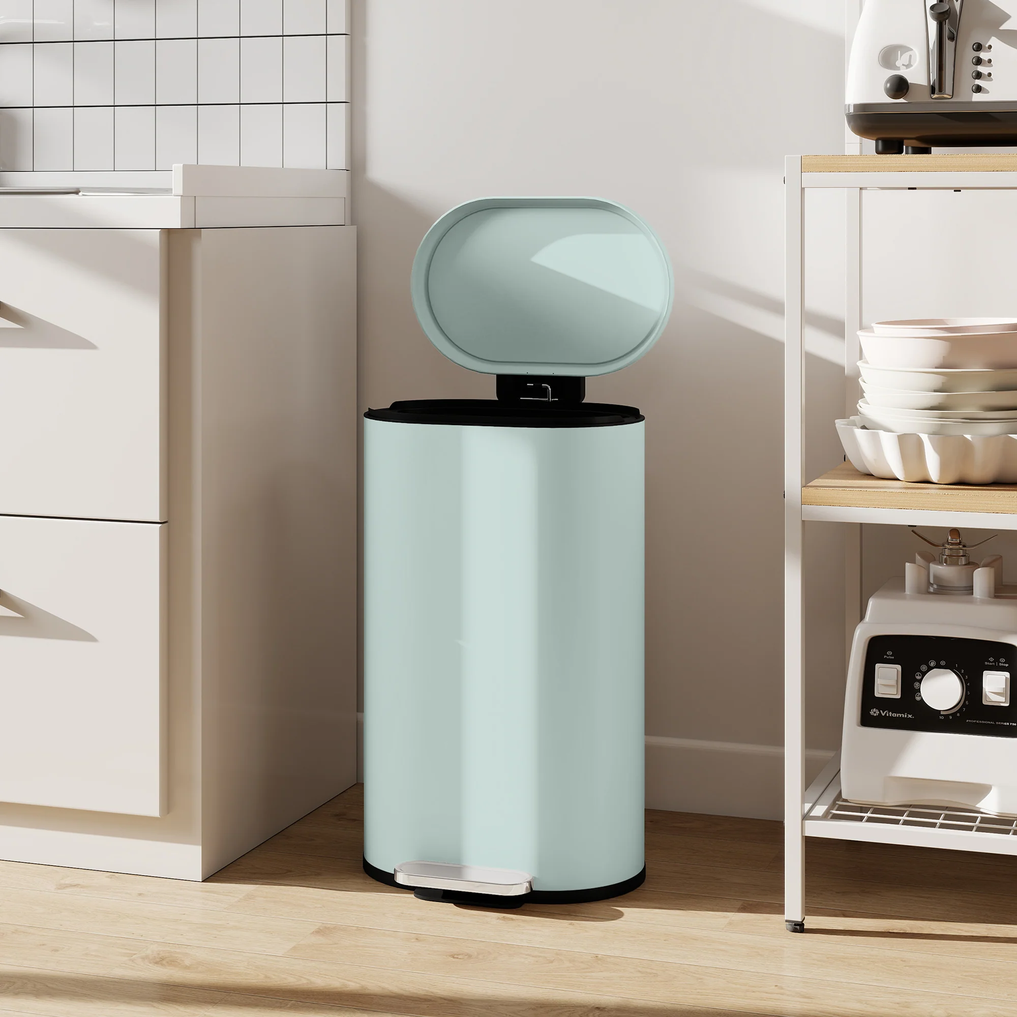 HOMCOM Slim Rectangular Pedal Bin With Soft-Close Lid, 30L Kitchen Bin Green - Image 9