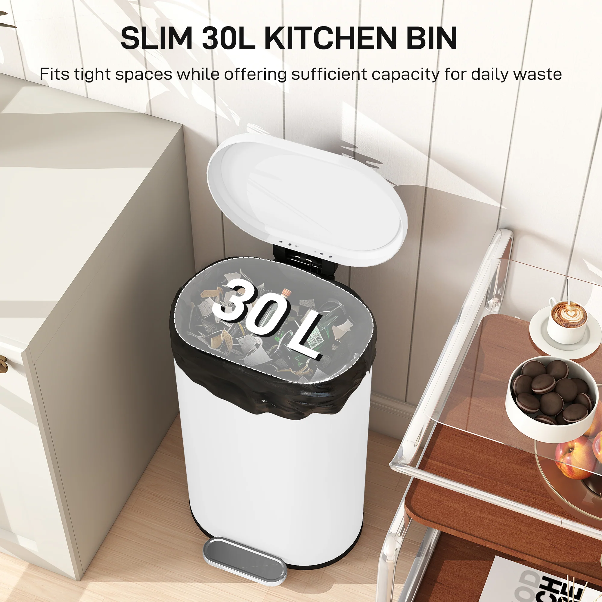 HOMCOM Slim Rectangular Pedal Bin With Soft-Close Lid, 30L Kitchen Bin White - Image 3