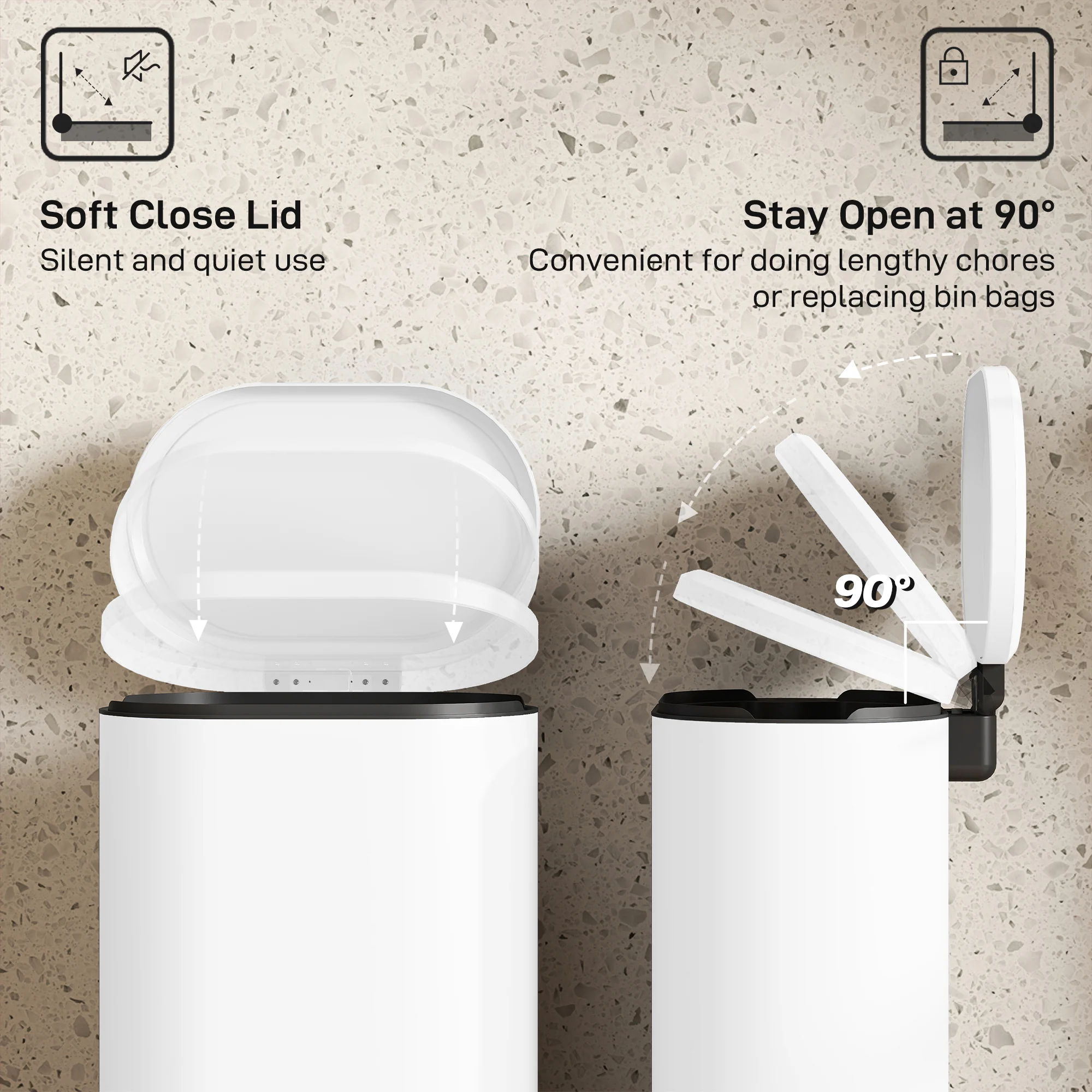 HOMCOM Slim Rectangular Pedal Bin With Soft-Close Lid, 30L Kitchen Bin White - Image 4
