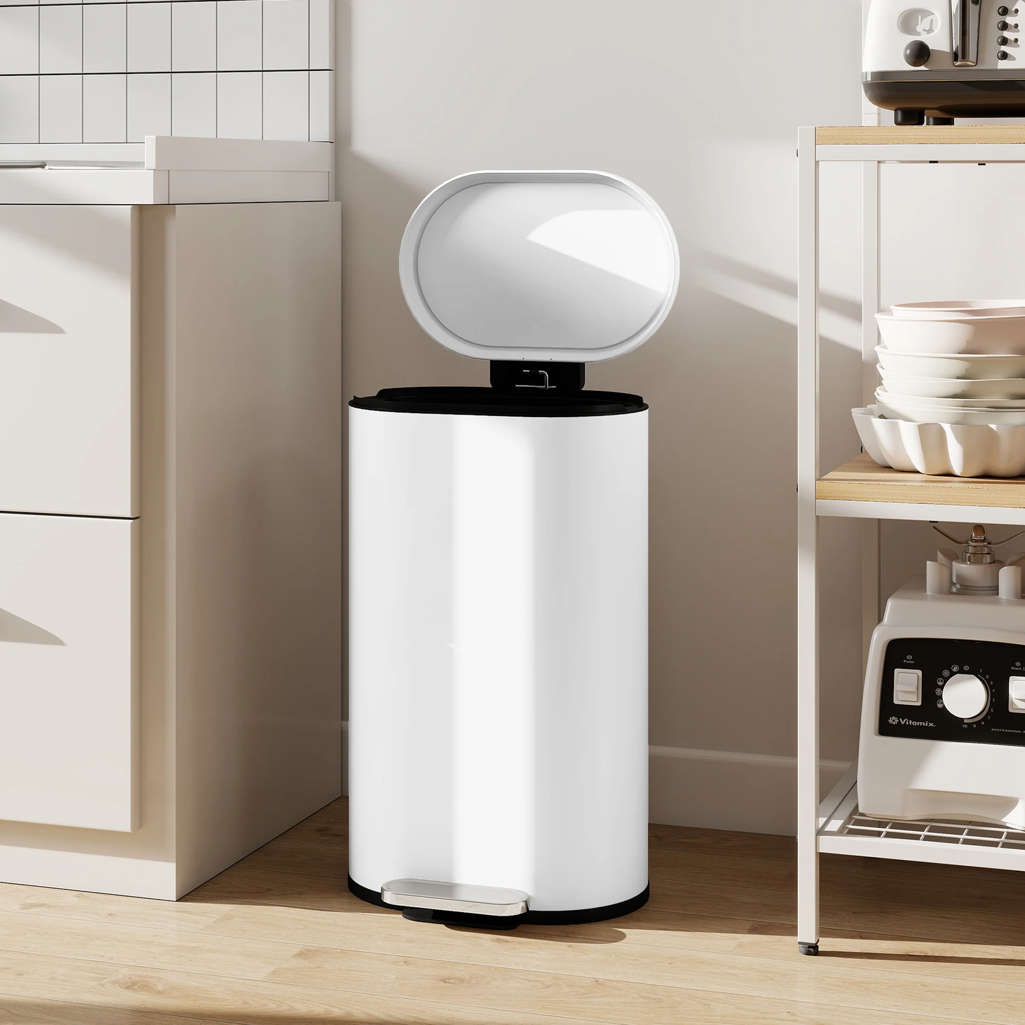 HOMCOM Slim Rectangular Pedal Bin With Soft-Close Lid, 30L Kitchen Bin White - Image 9