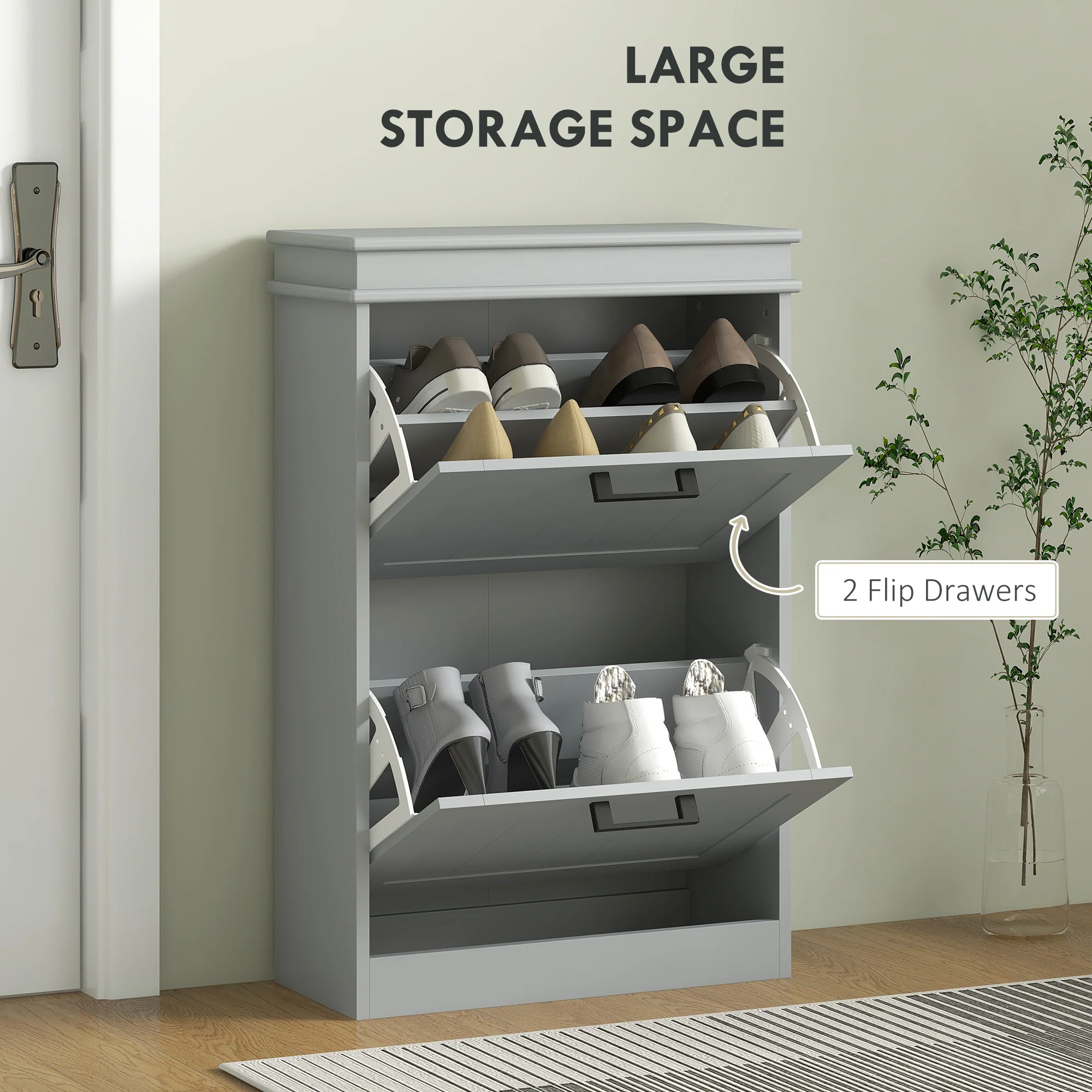 HOMCOM Slim Shoe Storage Cabinet With 2 Flip Drawers For Entryway, Grey - Image 3