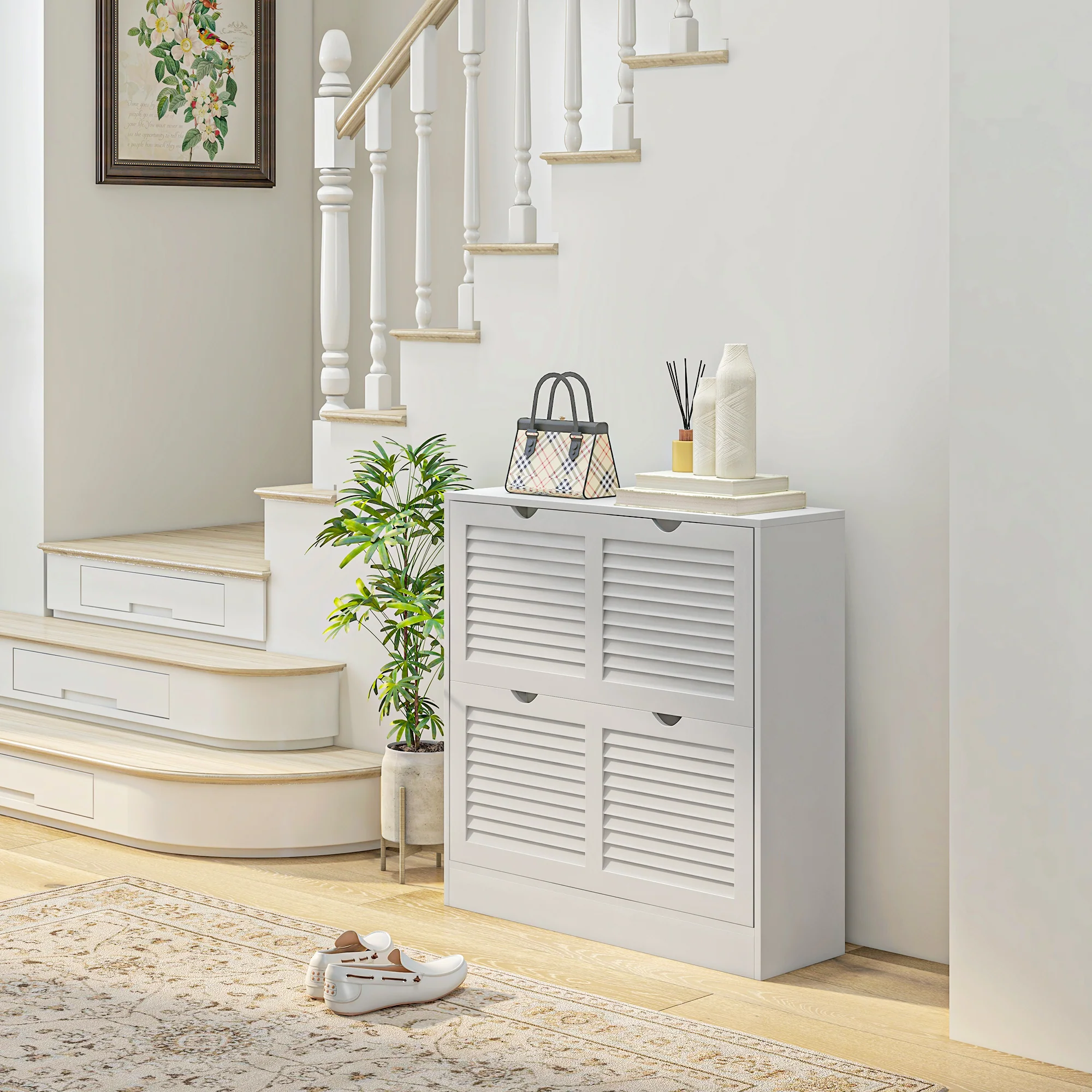HOMCOM Slim Shoe Storage Cabinet with 2 Flip Drawers for Entryway, White - Image 2