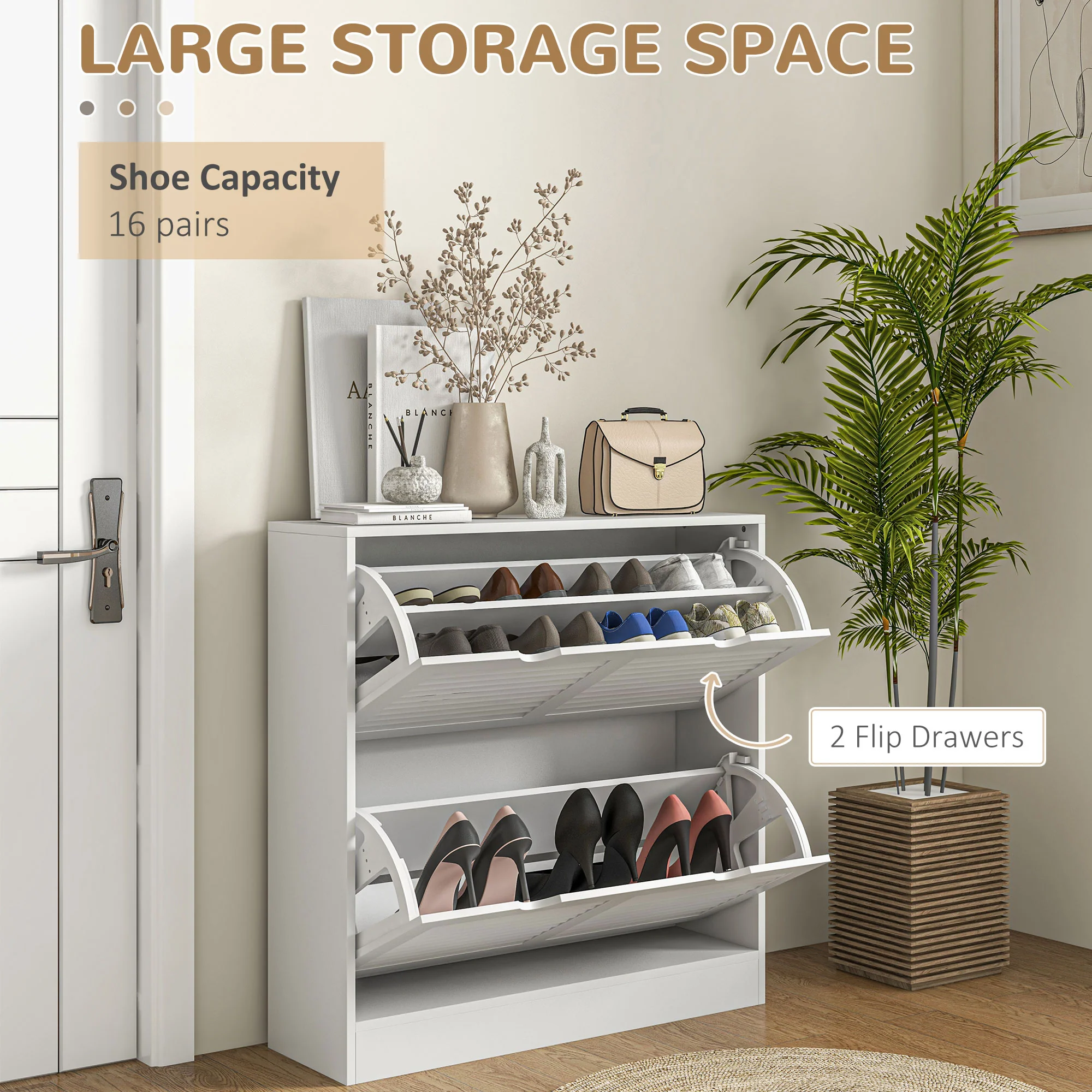 HOMCOM Slim Shoe Storage Cabinet with 2 Flip Drawers for Entryway, White - Image 3