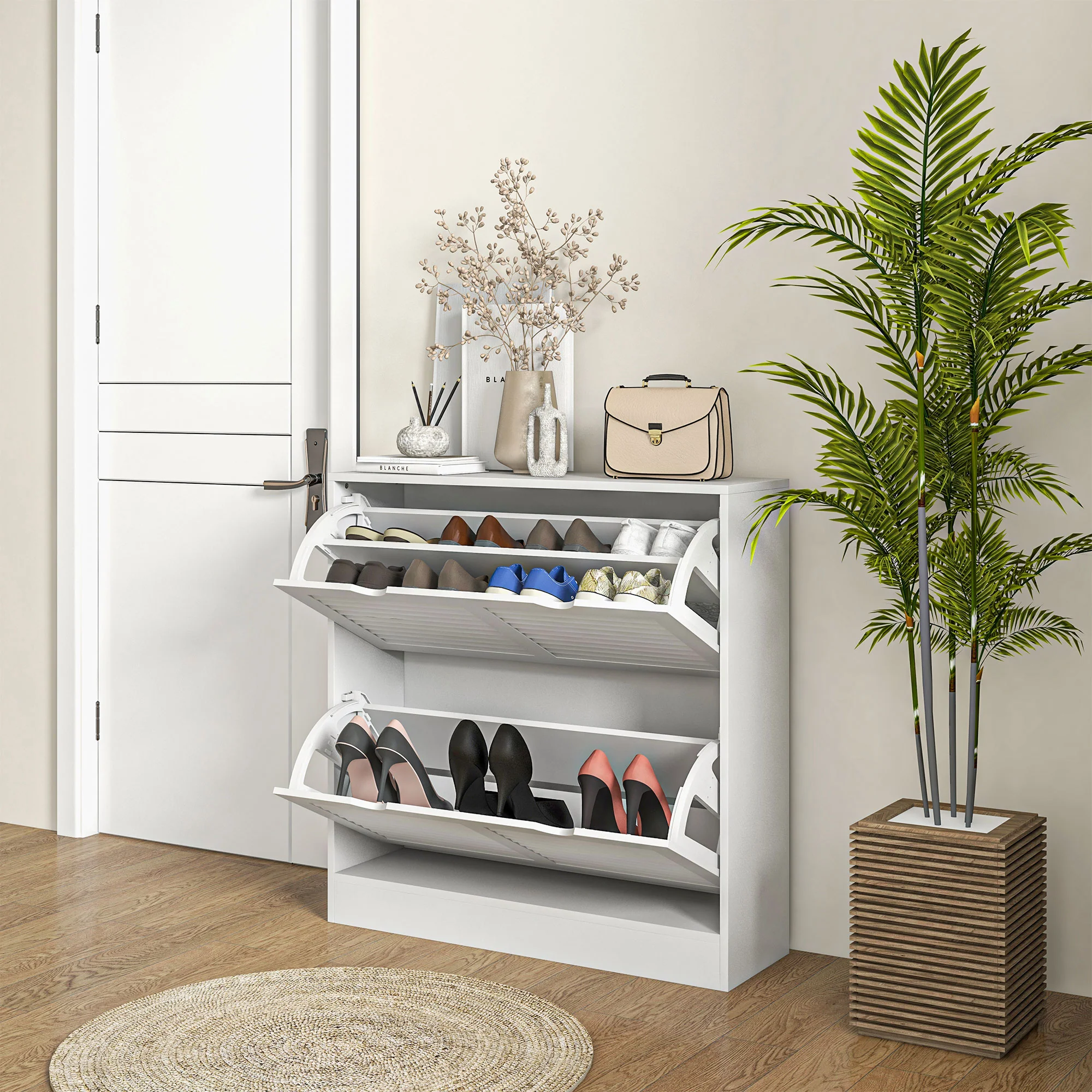 HOMCOM Slim Shoe Storage Cabinet with 2 Flip Drawers for Entryway, White - Image 8