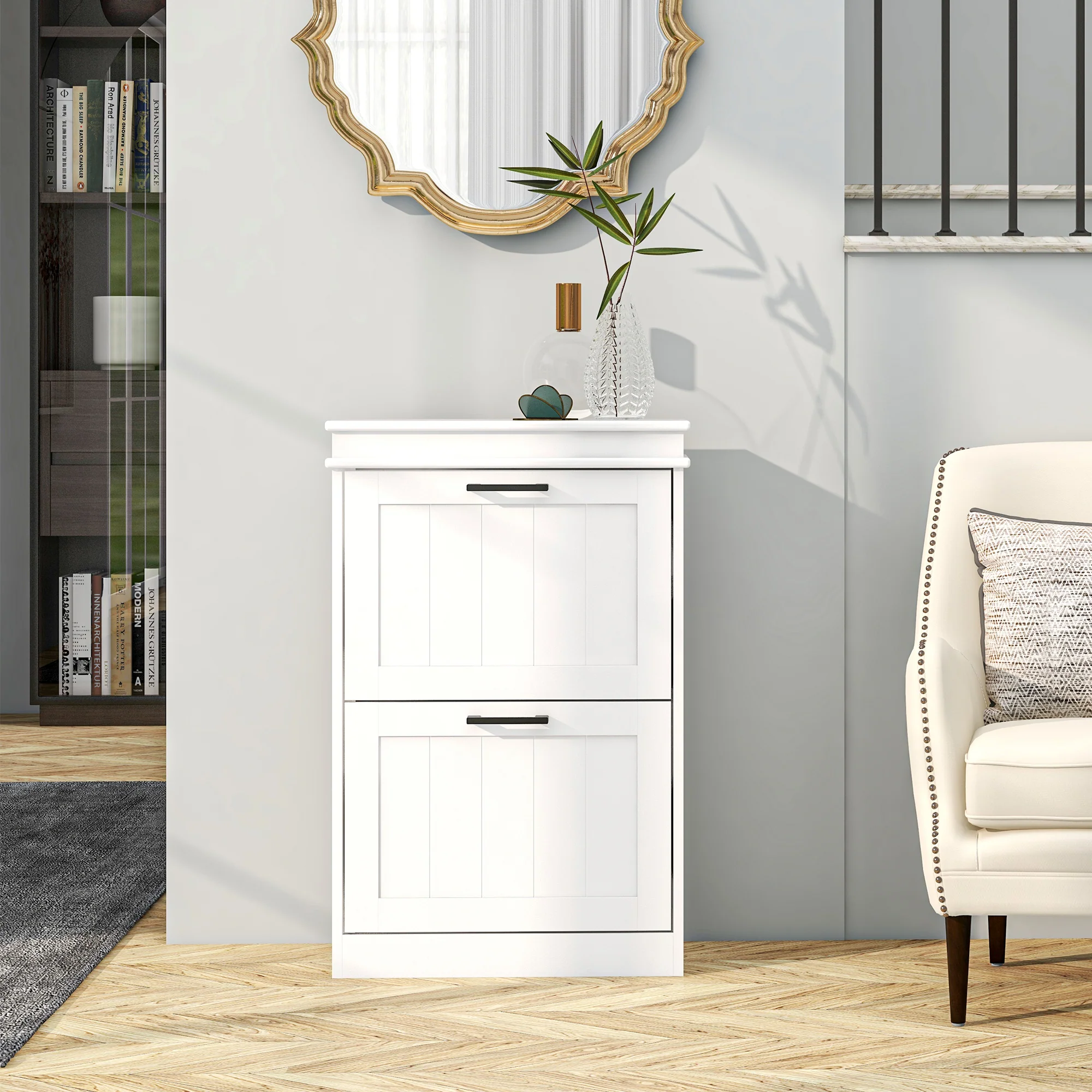 HOMCOM Slim Shoe Storage Cabinet With 2 Flip Drawers For Entryway, White - Image 8