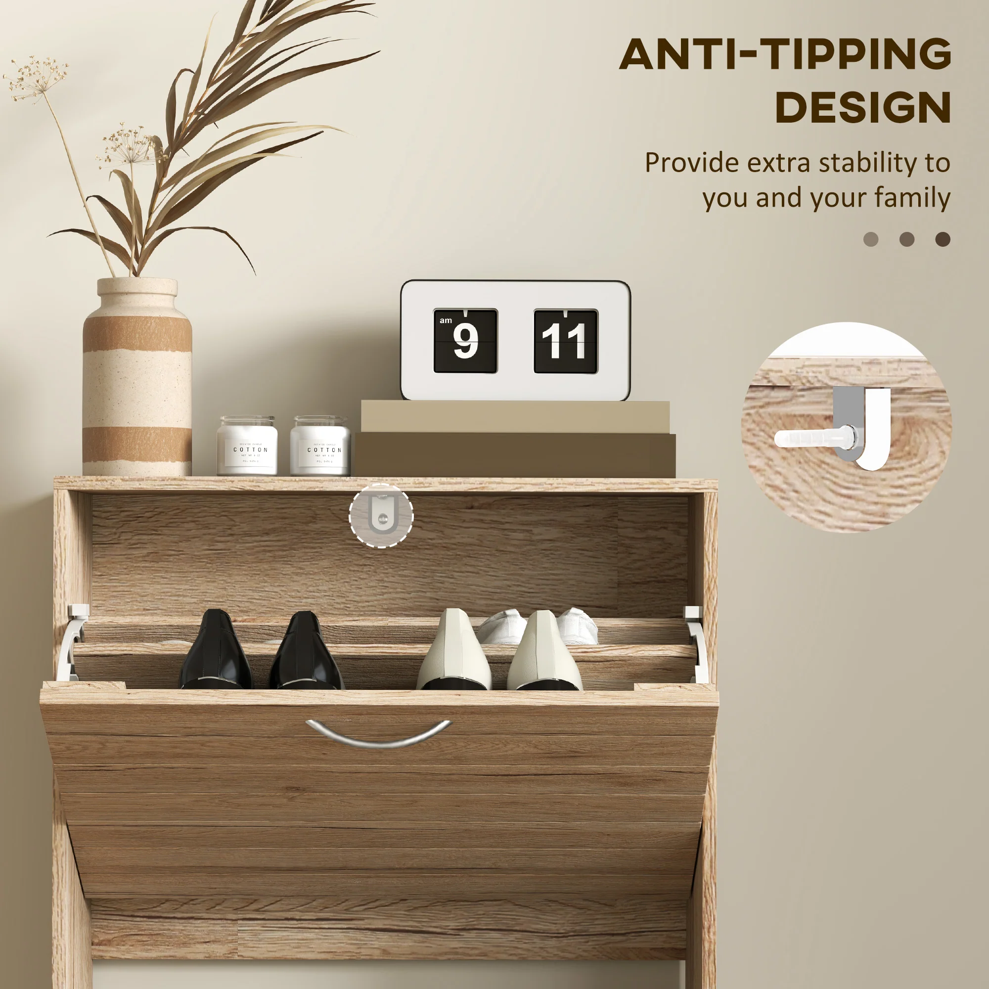 HOMCOM Slim Shoe Storage Cabinet With 3 Flip Drawers For 12 Pair Of Shoes - Image 7