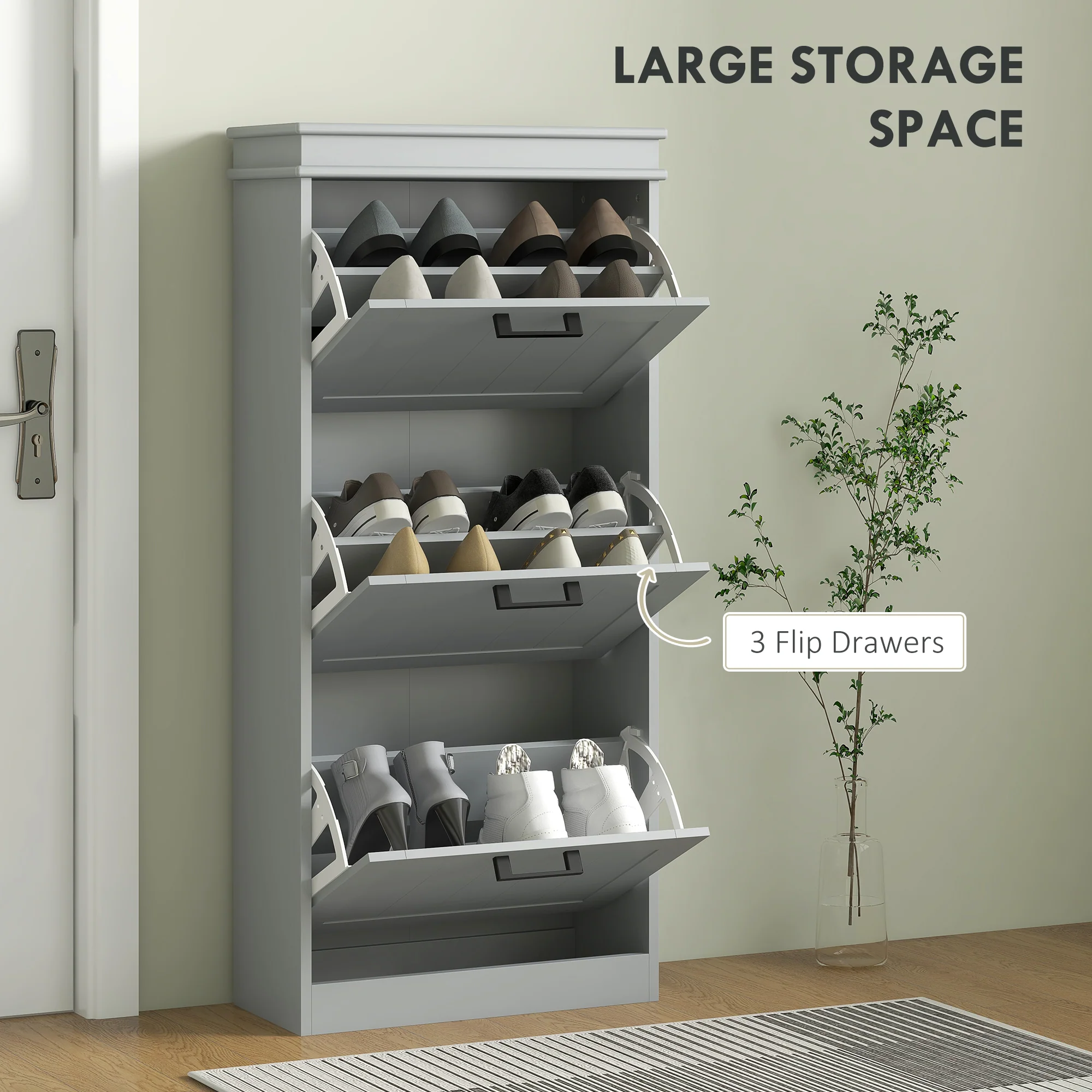 HOMCOM Slim Shoe Storage Cabinet with 3 Flip Drawers for Entryway, Grey - Image 3