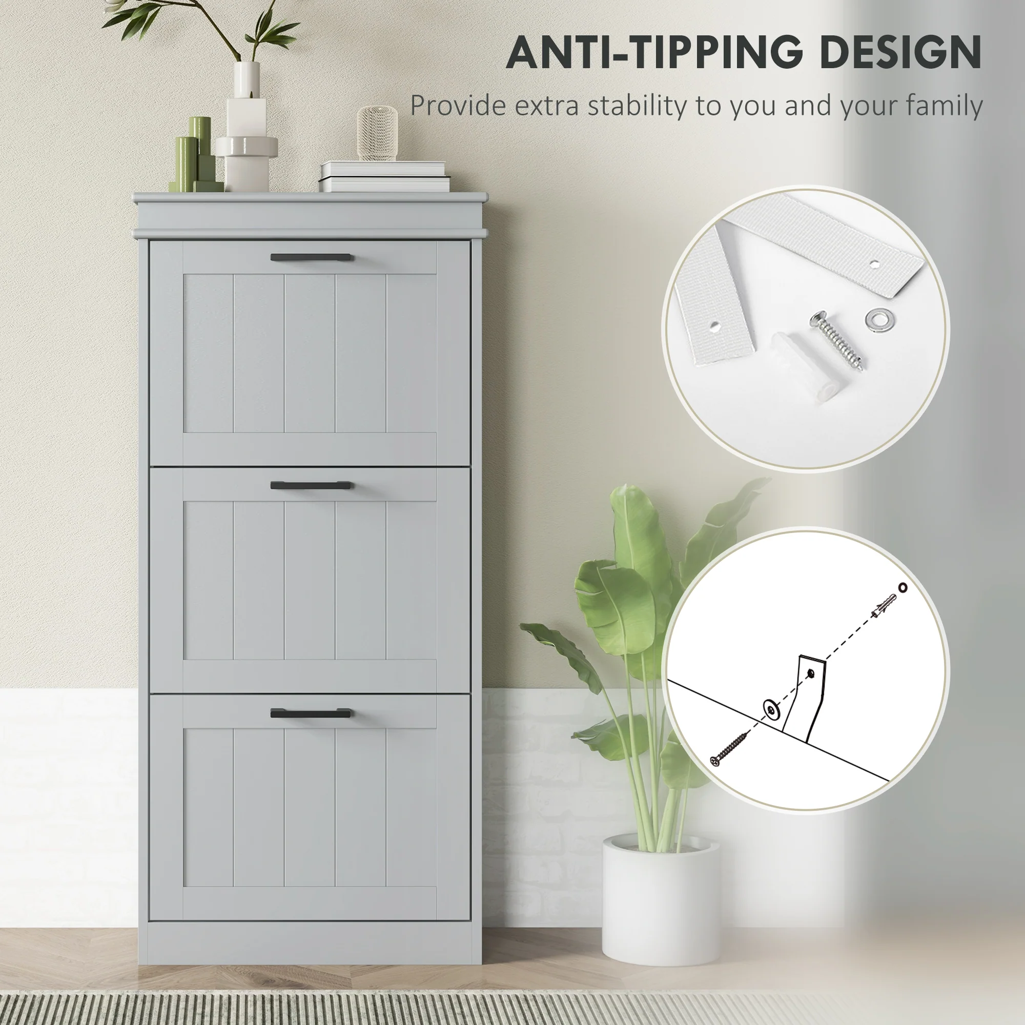 HOMCOM Slim Shoe Storage Cabinet with 3 Flip Drawers for Entryway, Grey - Image 7