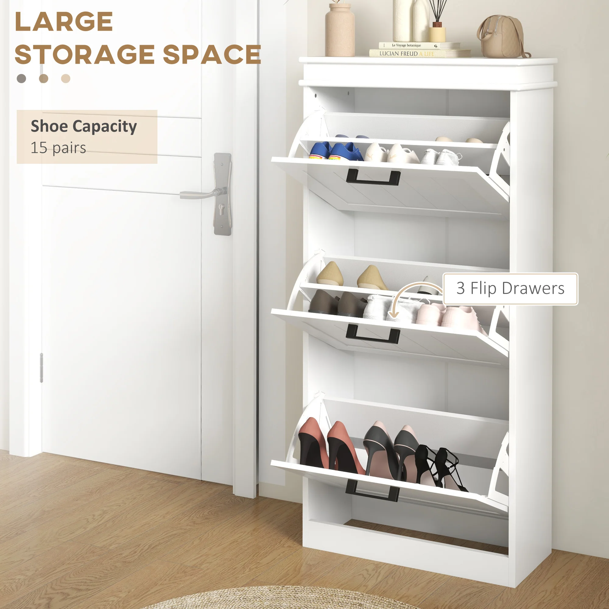 HOMCOM Slim Shoe Storage Cabinet With 3 Flip Drawers For Entryway, White - Image 3