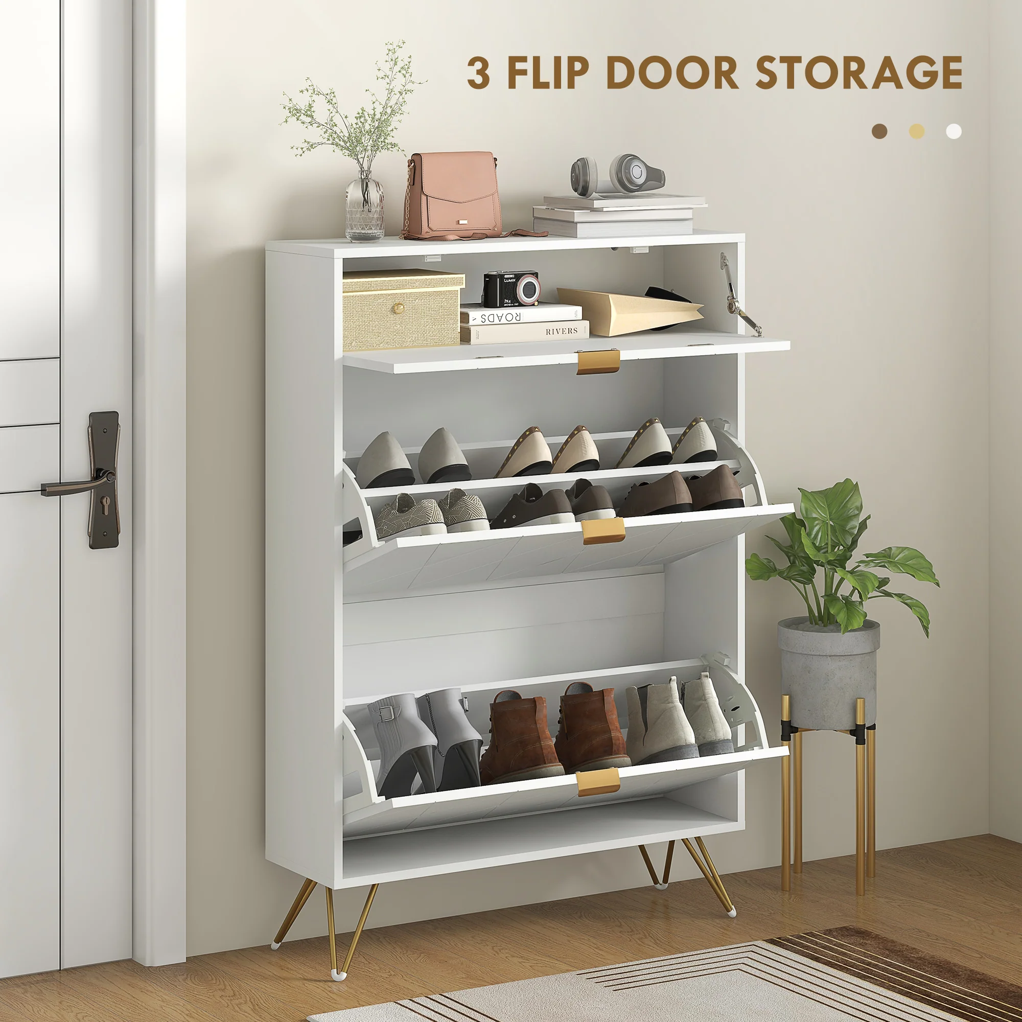 HOMCOM Slim Shoe Storage Cabinet With Flip Drawers For Entryway, Hallway, White - Image 3