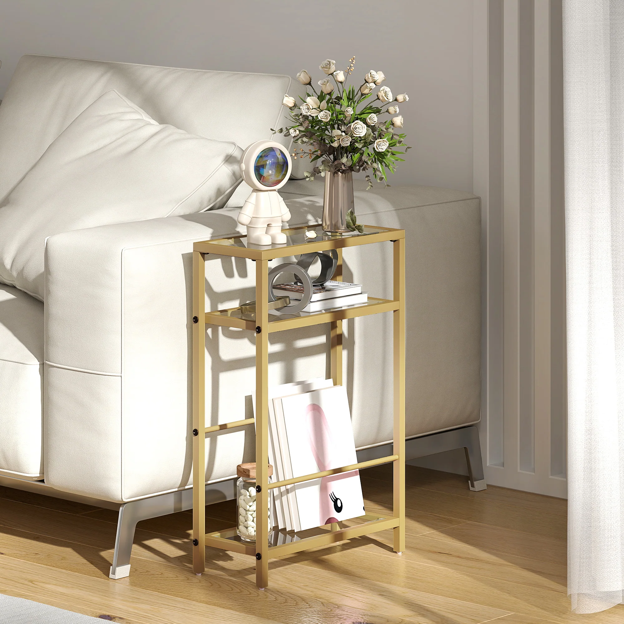 HOMCOM Slim Side Table, End Table with Tempered Glass Tabletop, Gold - Image 2