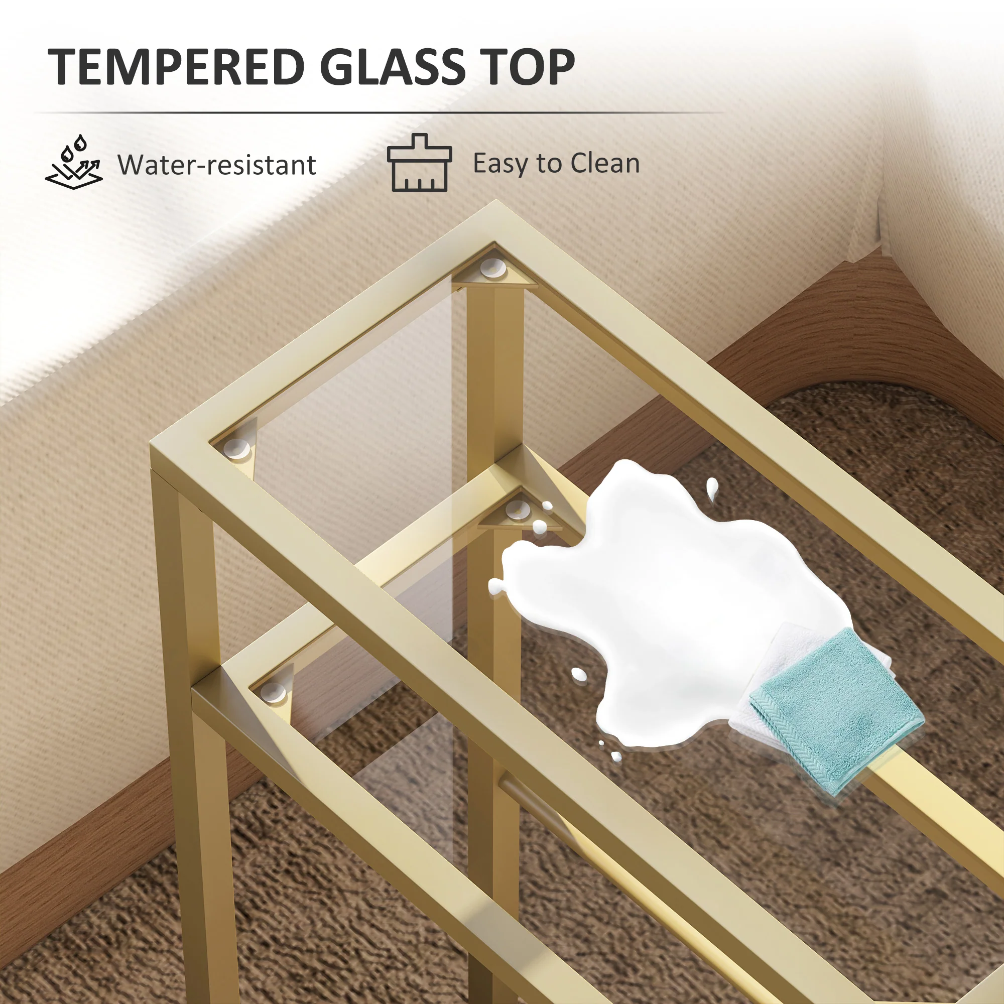 HOMCOM Slim Side Table, End Table with Tempered Glass Tabletop, Gold - Image 3