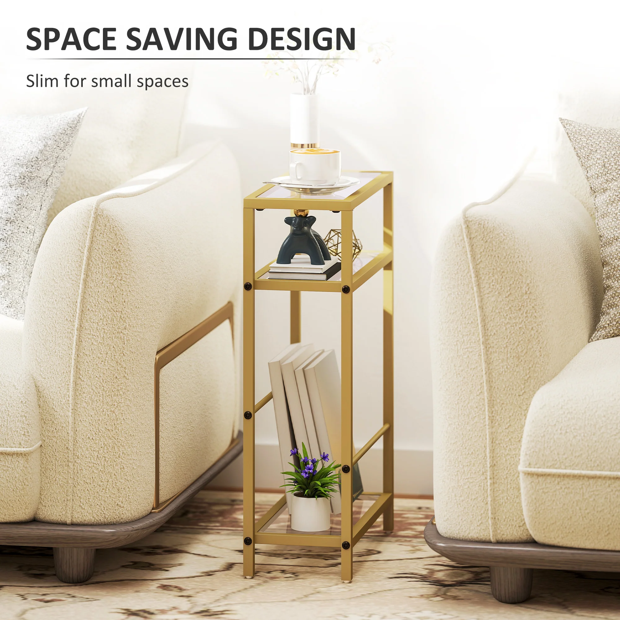 HOMCOM Slim Side Table, End Table with Tempered Glass Tabletop, Gold - Image 4