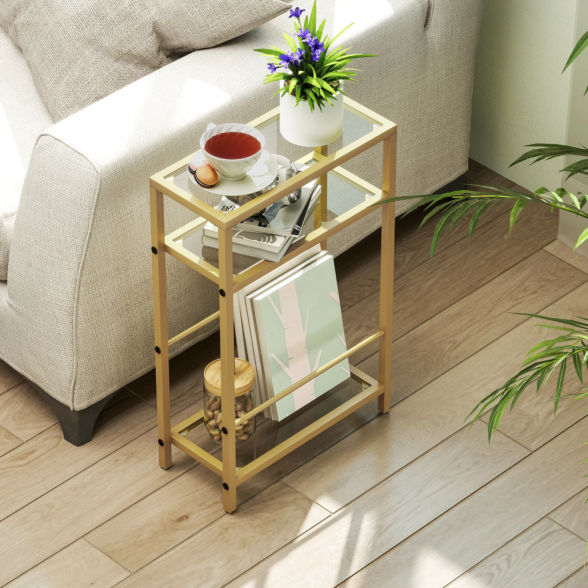 HOMCOM Slim Side Table, End Table with Tempered Glass Tabletop, Gold - Image 7