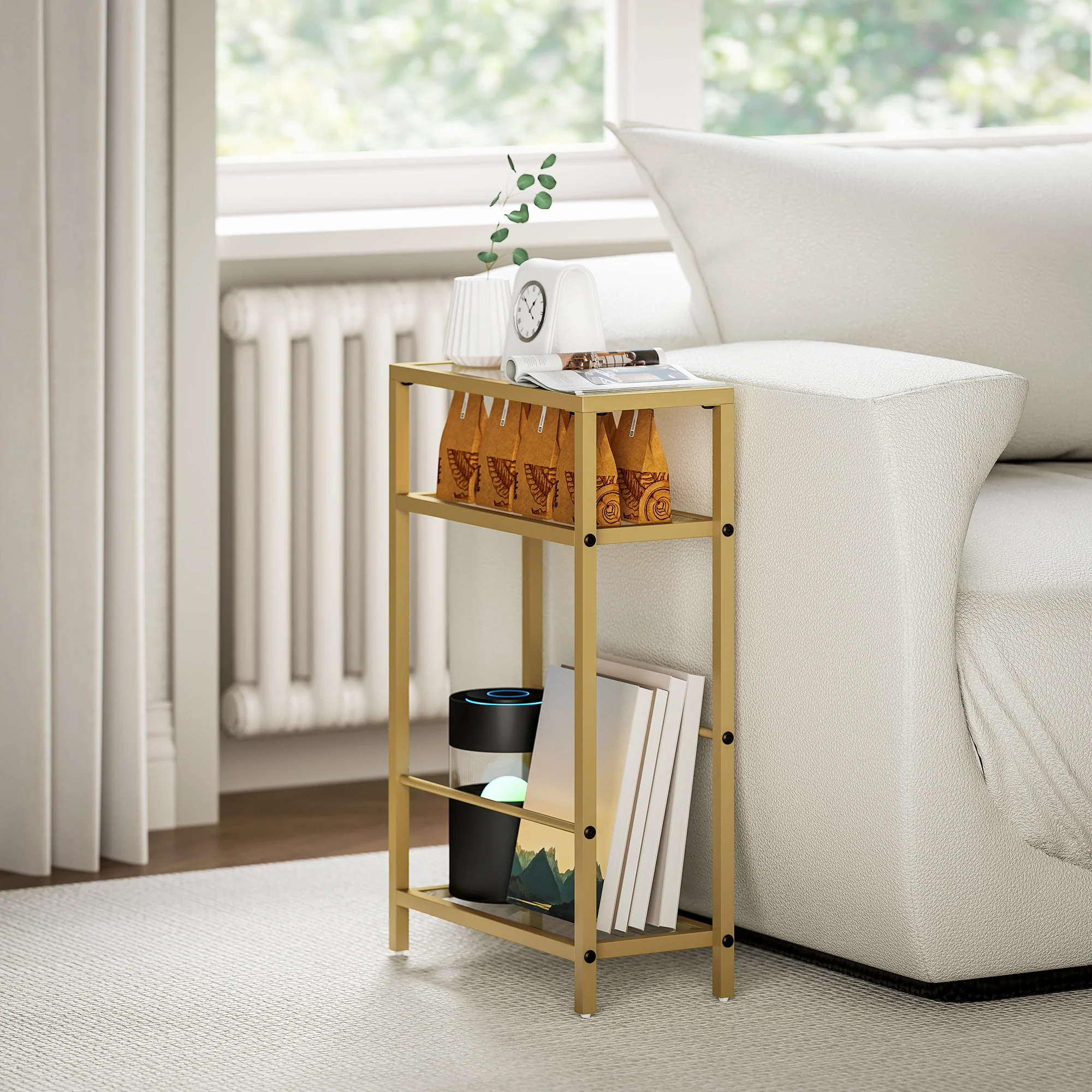 HOMCOM Slim Side Table, End Table with Tempered Glass Tabletop, Gold - Image 8