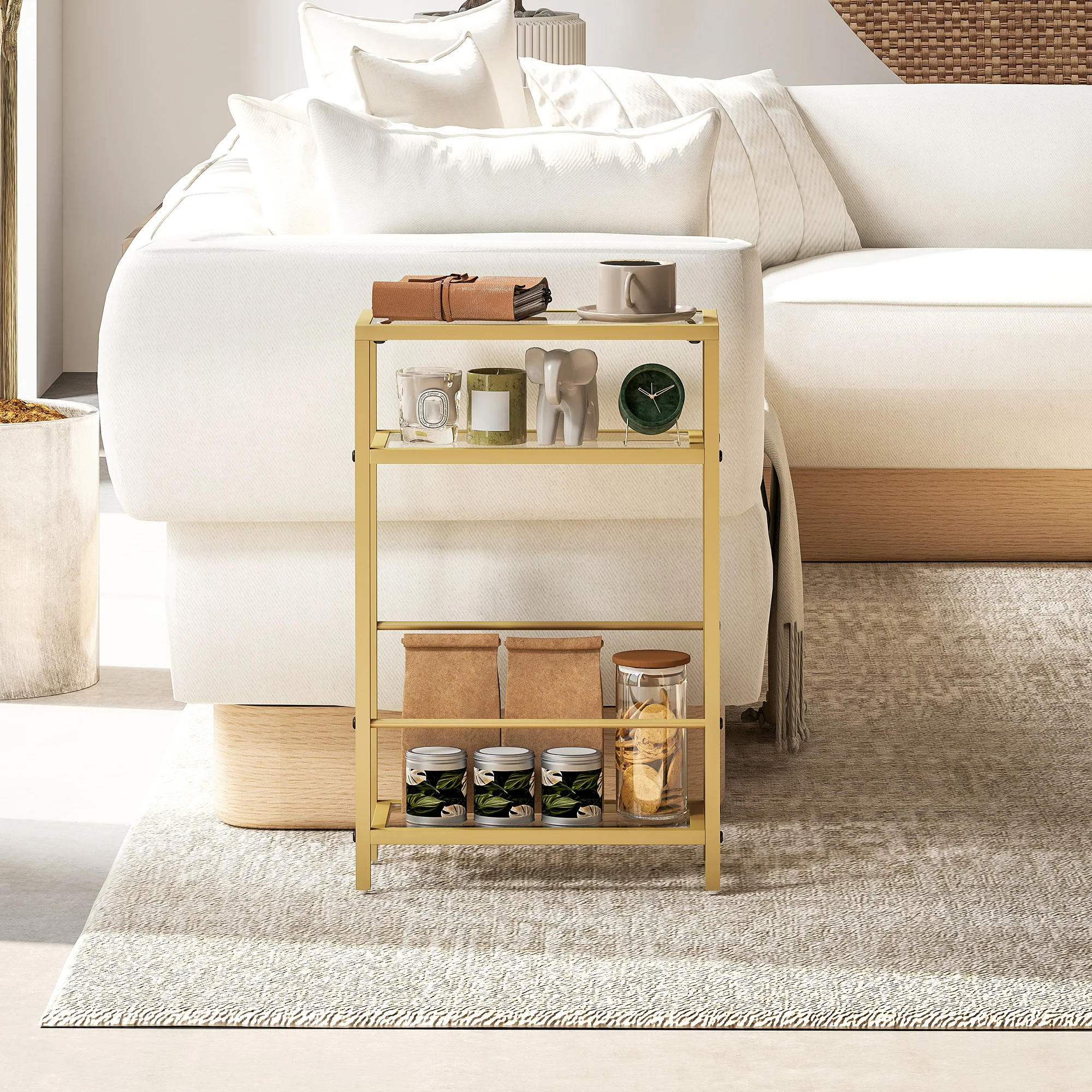 HOMCOM Slim Side Table, End Table with Tempered Glass Tabletop, Gold - Image 9