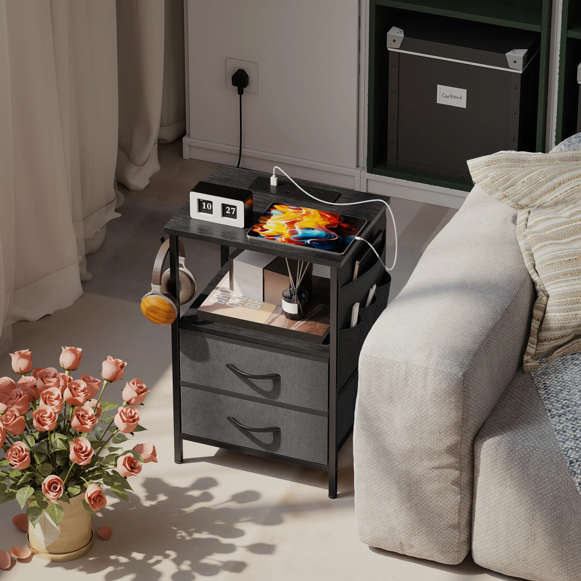 HOMCOM Slim Side Table with Charging Station, Bedside Table, Black - Image 2