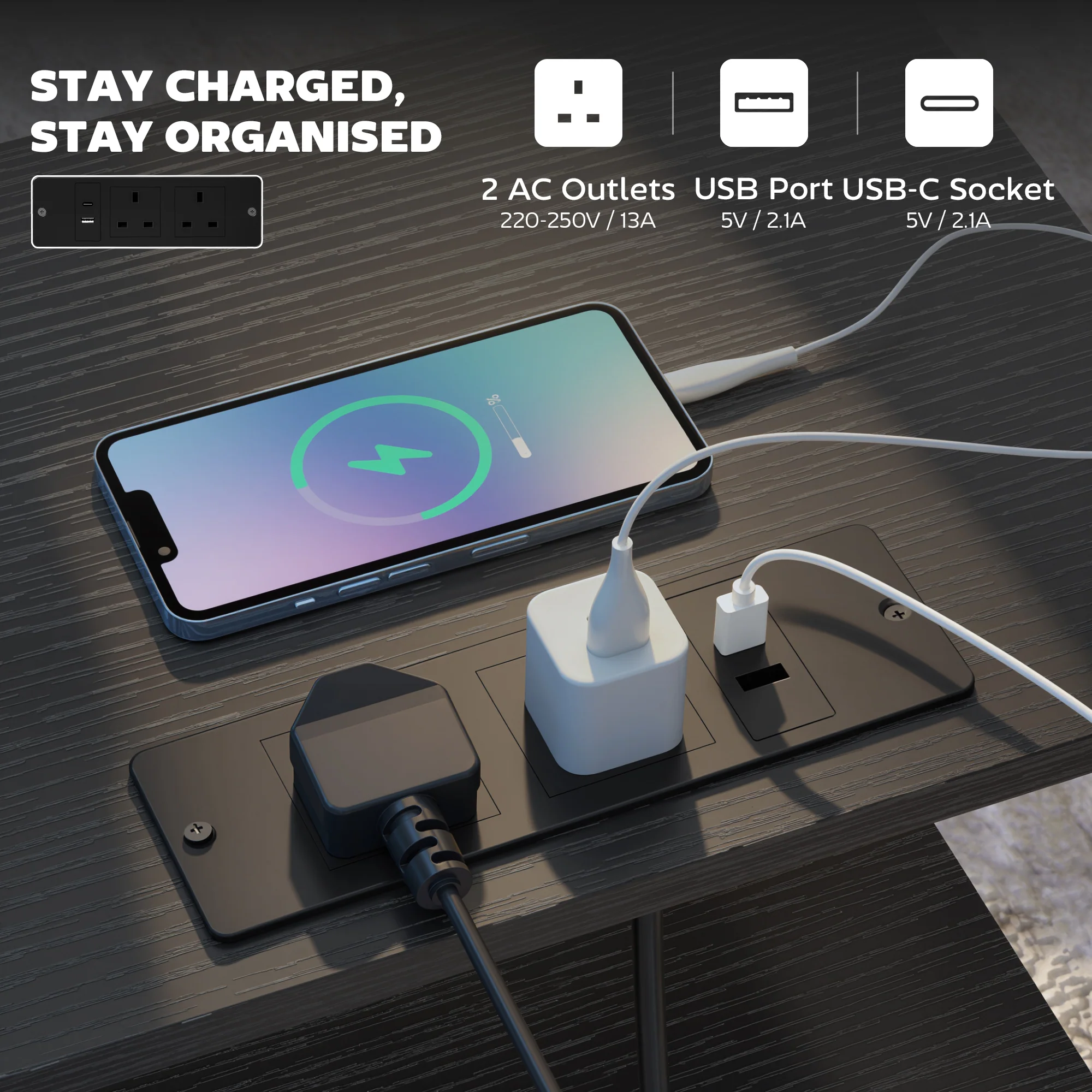 HOMCOM Slim Side Table with Charging Station, Bedside Table, Black - Image 4