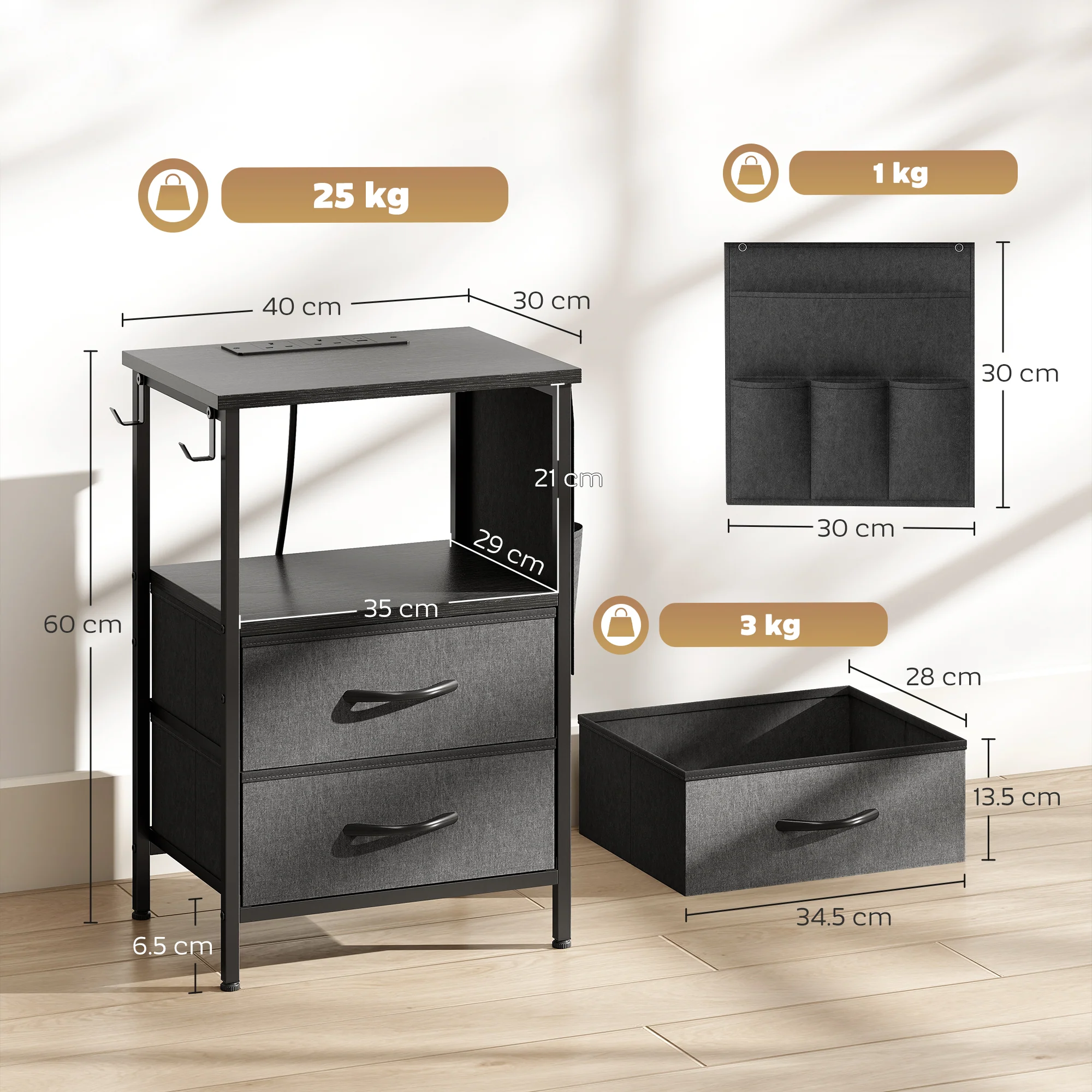 HOMCOM Slim Side Table with Charging Station, Bedside Table, Black - Image 5