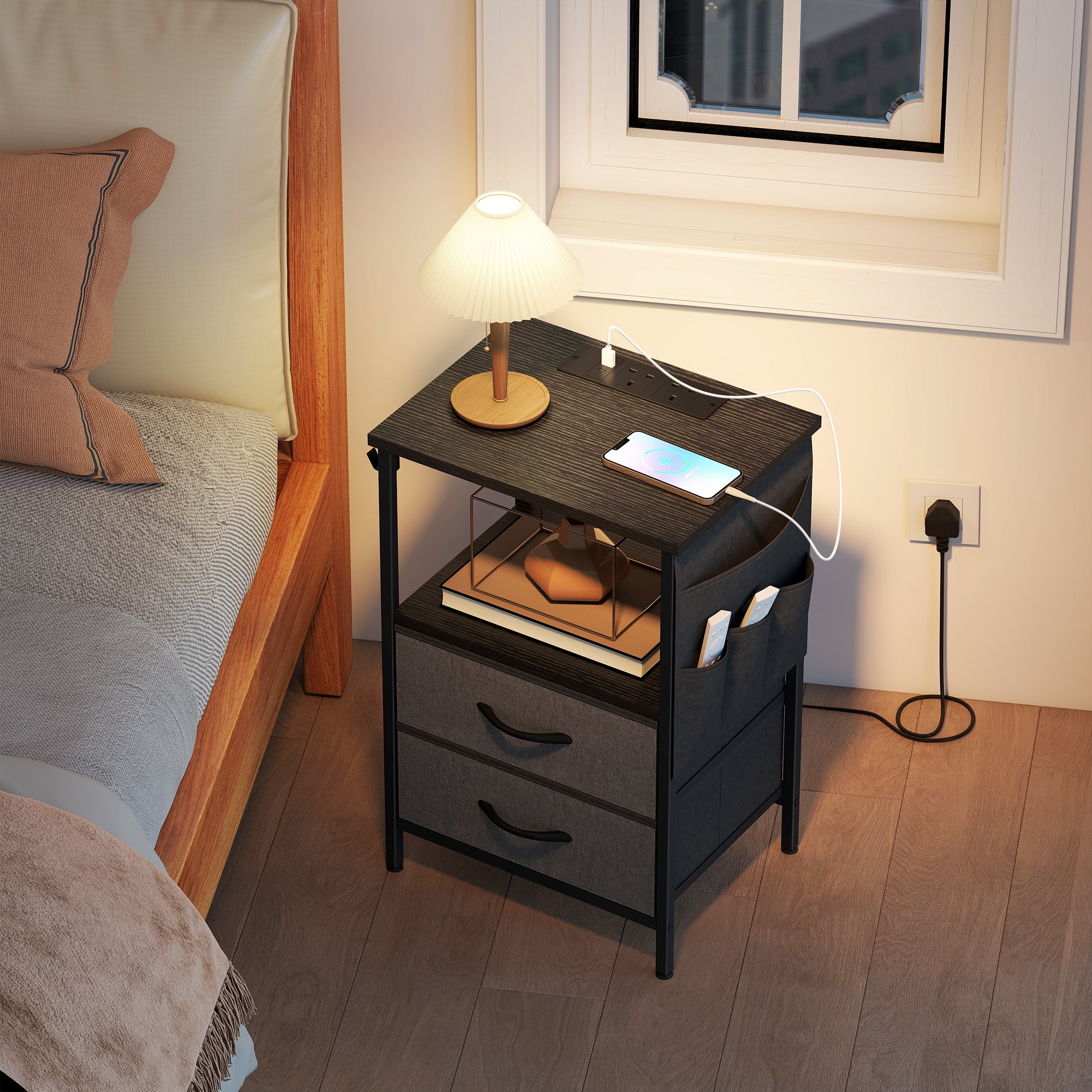 HOMCOM Slim Side Table with Charging Station, Bedside Table, Black - Image 8