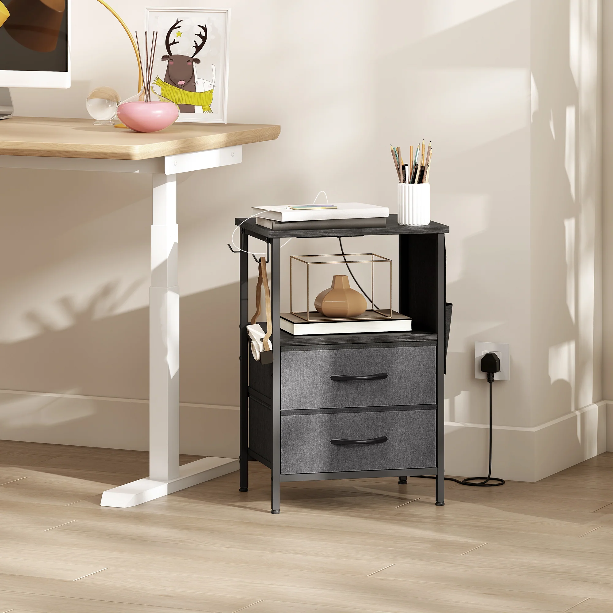 HOMCOM Slim Side Table with Charging Station, Bedside Table, Black - Image 9