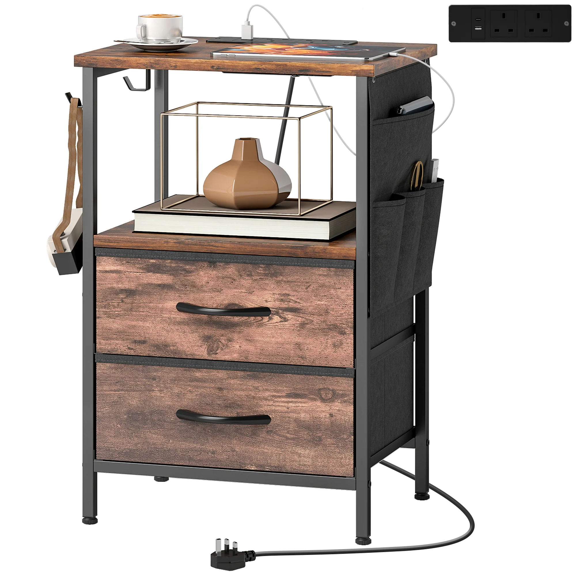 HOMCOM Slim Side Table with Charging Station, Bedside Table, Rustic Brown