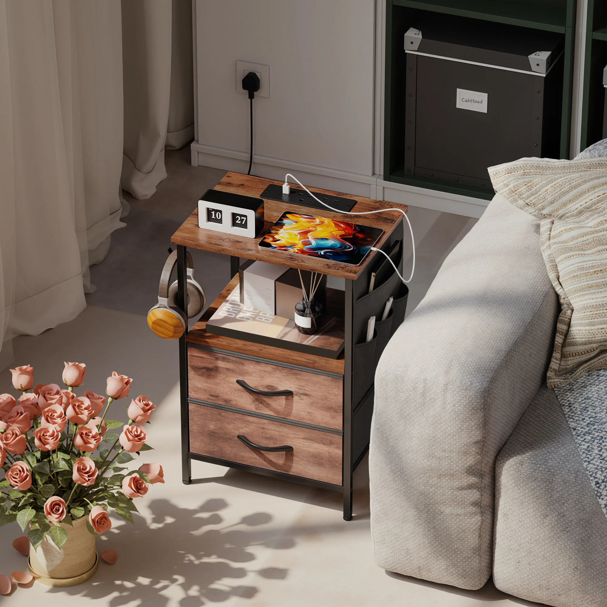 HOMCOM Slim Side Table with Charging Station, Bedside Table, Rustic Brown - Image 2