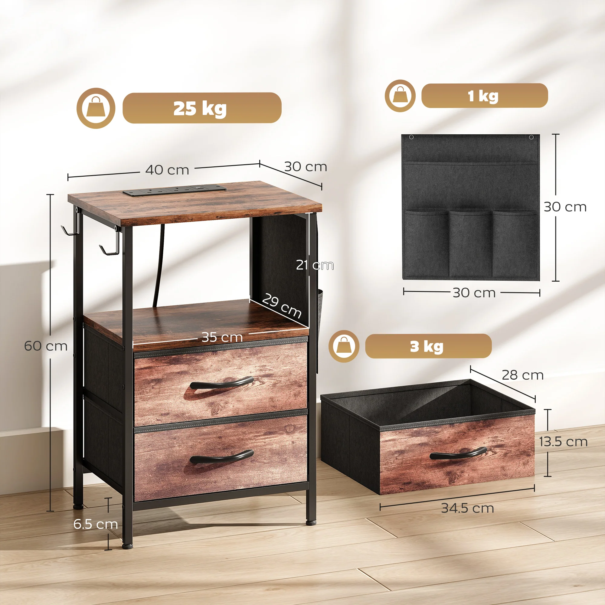 HOMCOM Slim Side Table with Charging Station, Bedside Table, Rustic Brown - Image 5