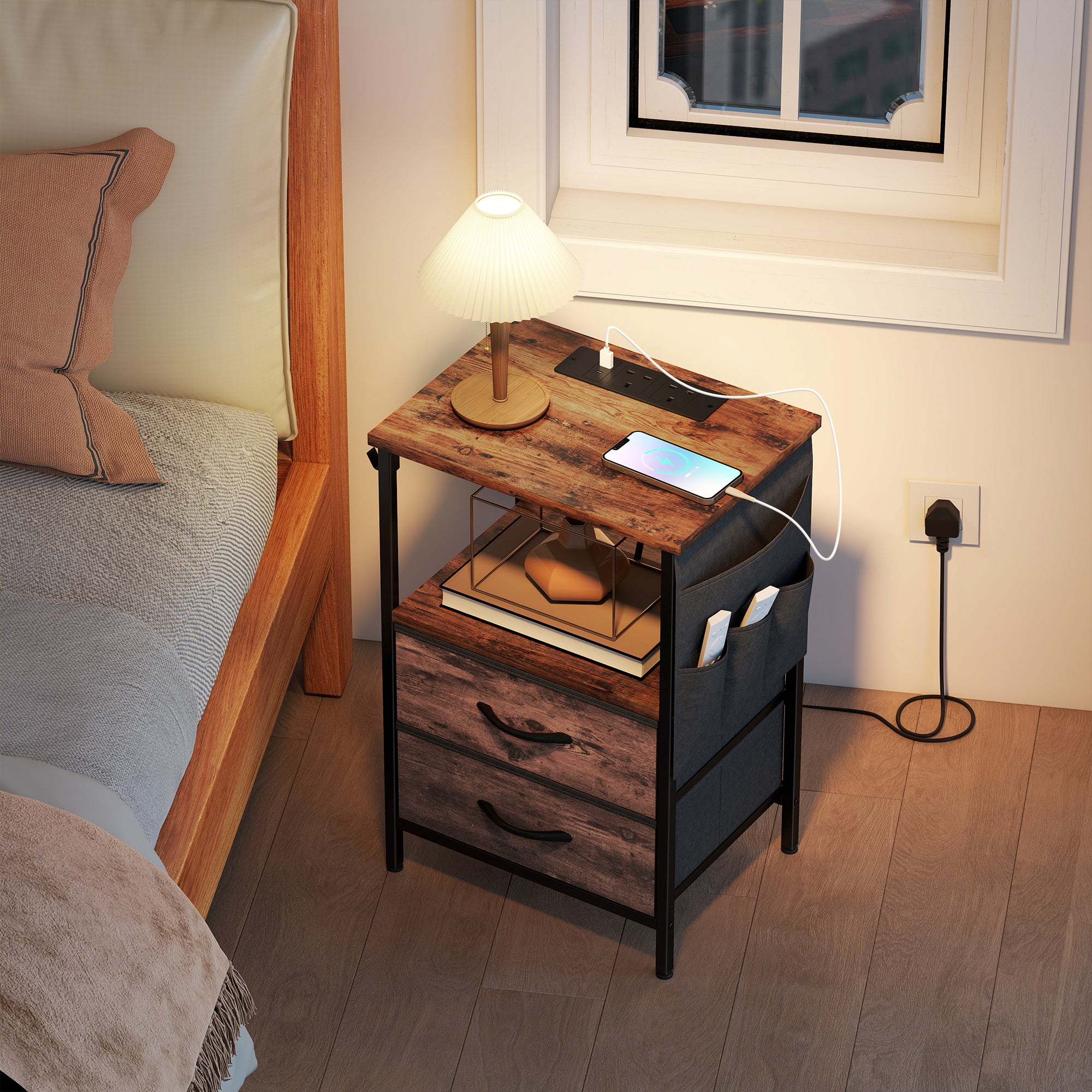 HOMCOM Slim Side Table with Charging Station, Bedside Table, Rustic Brown - Image 8