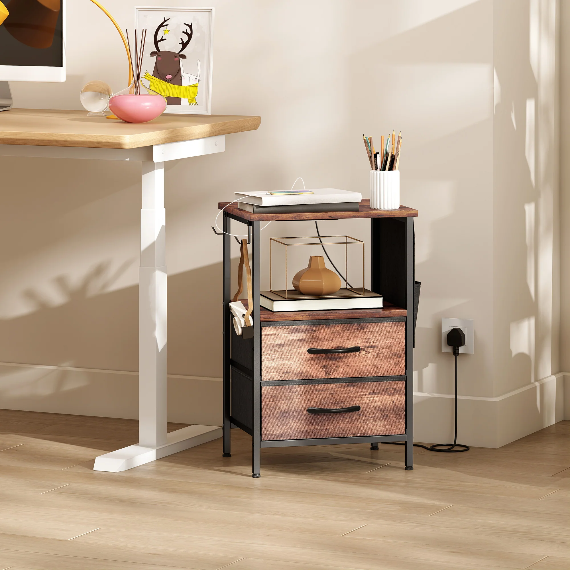 HOMCOM Slim Side Table with Charging Station, Bedside Table, Rustic Brown - Image 9