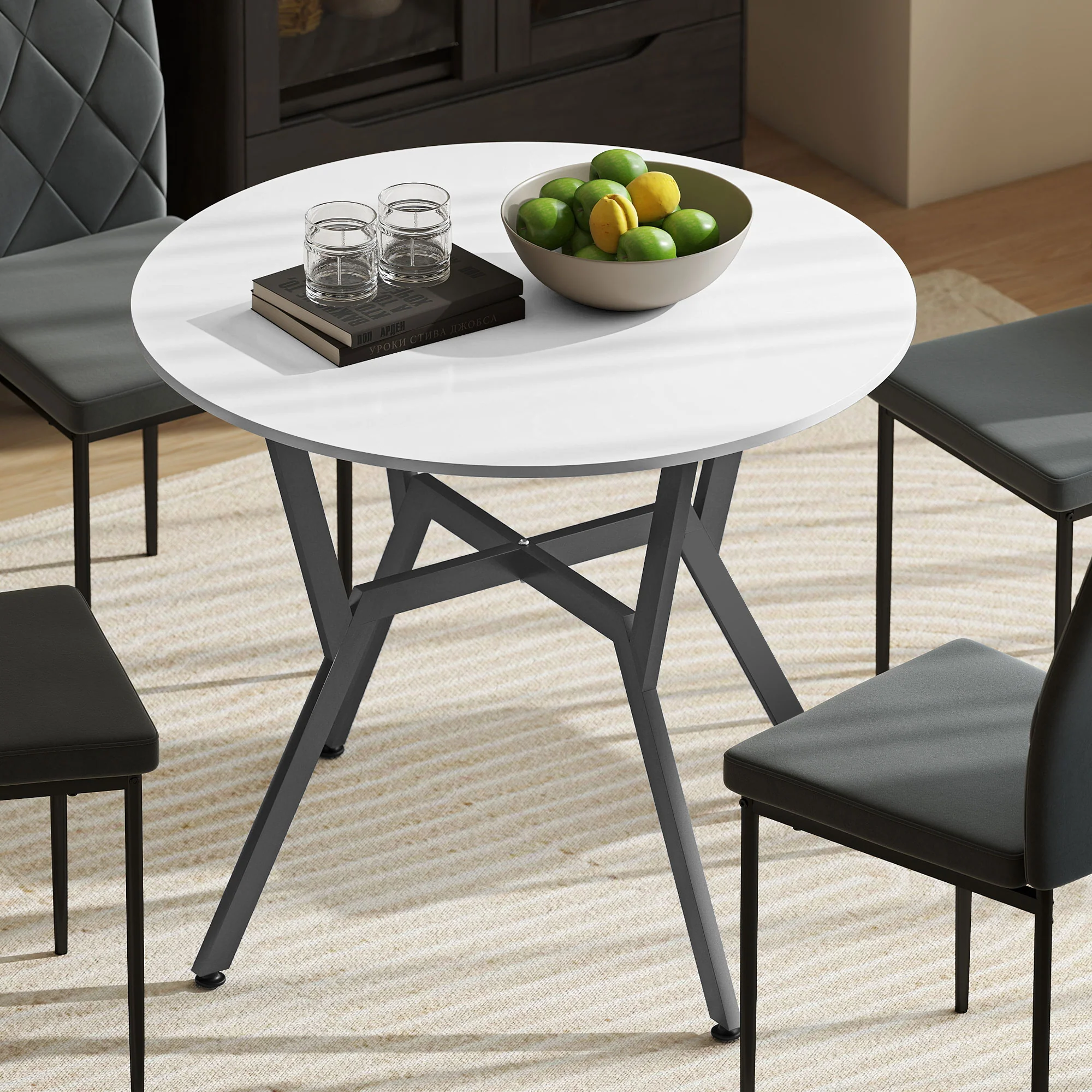 HOMCOM Small Kitchen Table With Black Steel Legs, Dining Table, High Gloss White - Image 2