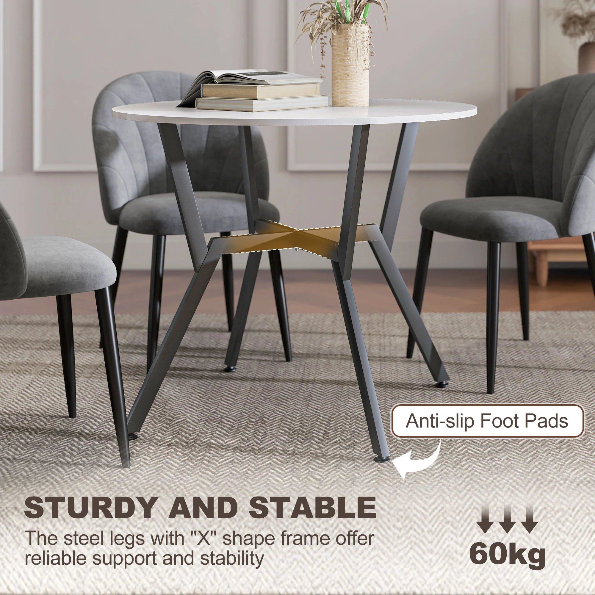 HOMCOM Small Kitchen Table With Black Steel Legs, Dining Table, High Gloss White - Image 4