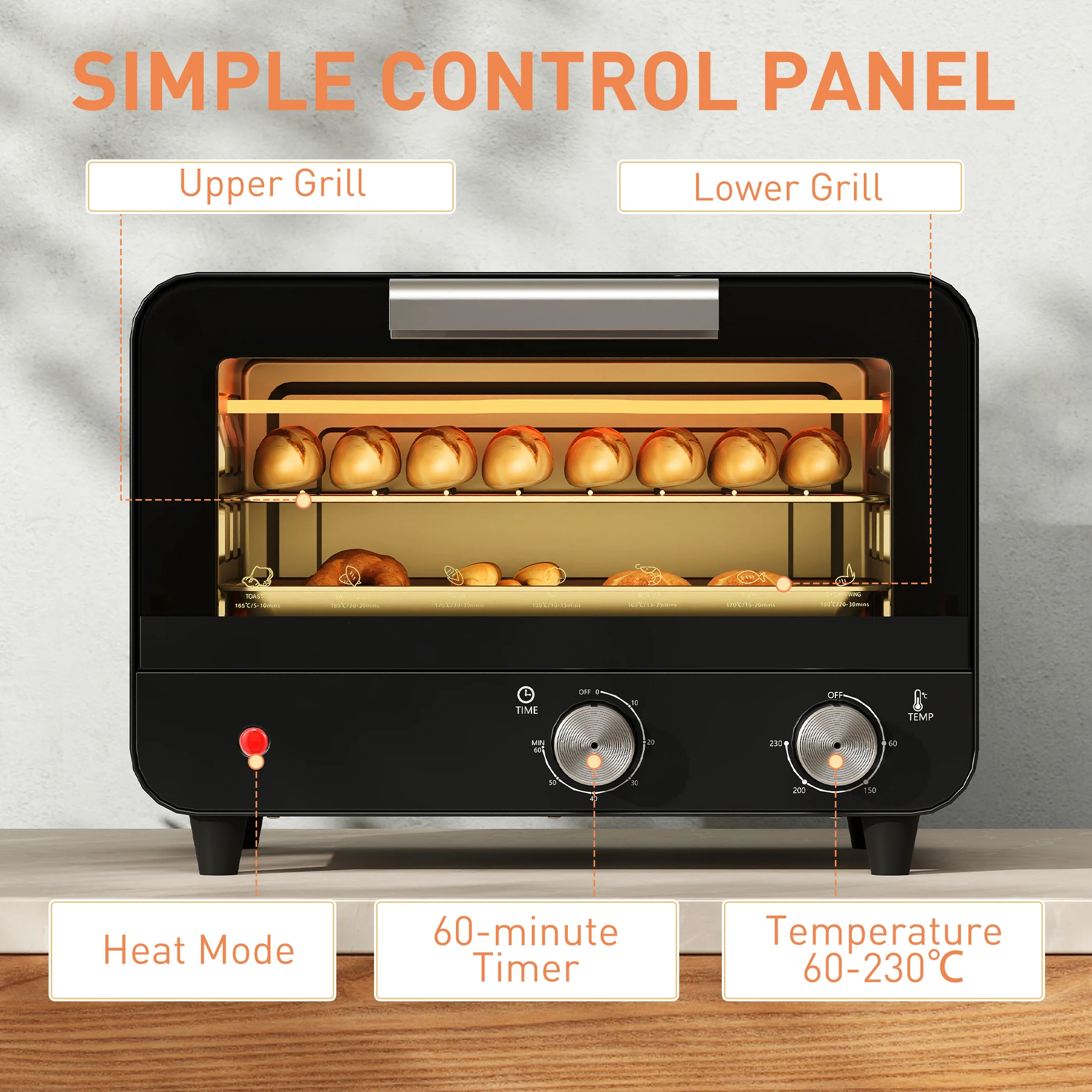 HOMCOM Small Toaster Oven, 12L Mini Countertop Oven With Glass Door, Black - Image 7
