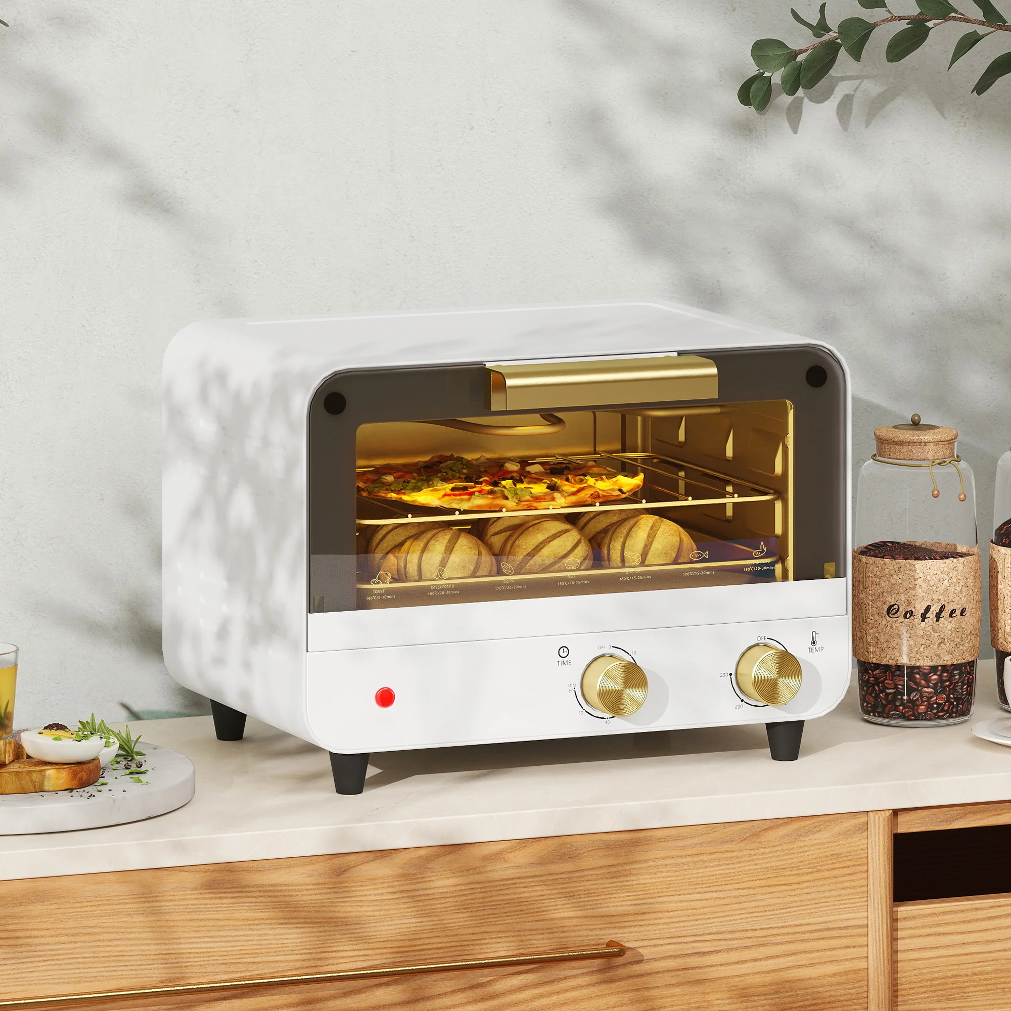 HOMCOM Small Toaster Oven, 12L Mini Countertop Oven With Glass Door, White - Image 2