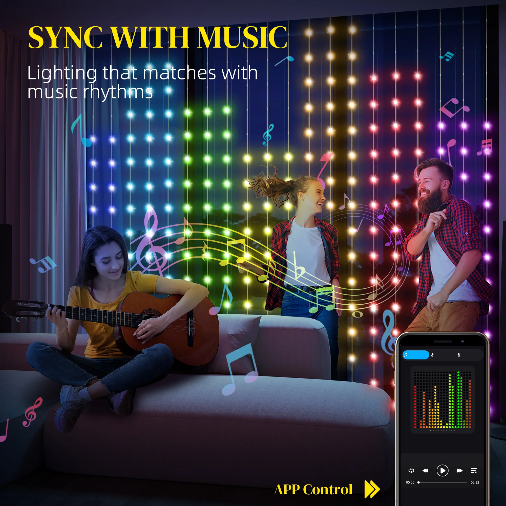 HOMCOM Smart LED Curtain Lights, Dynamic DIY Fairy Lights, 3x3(m) - Image 6